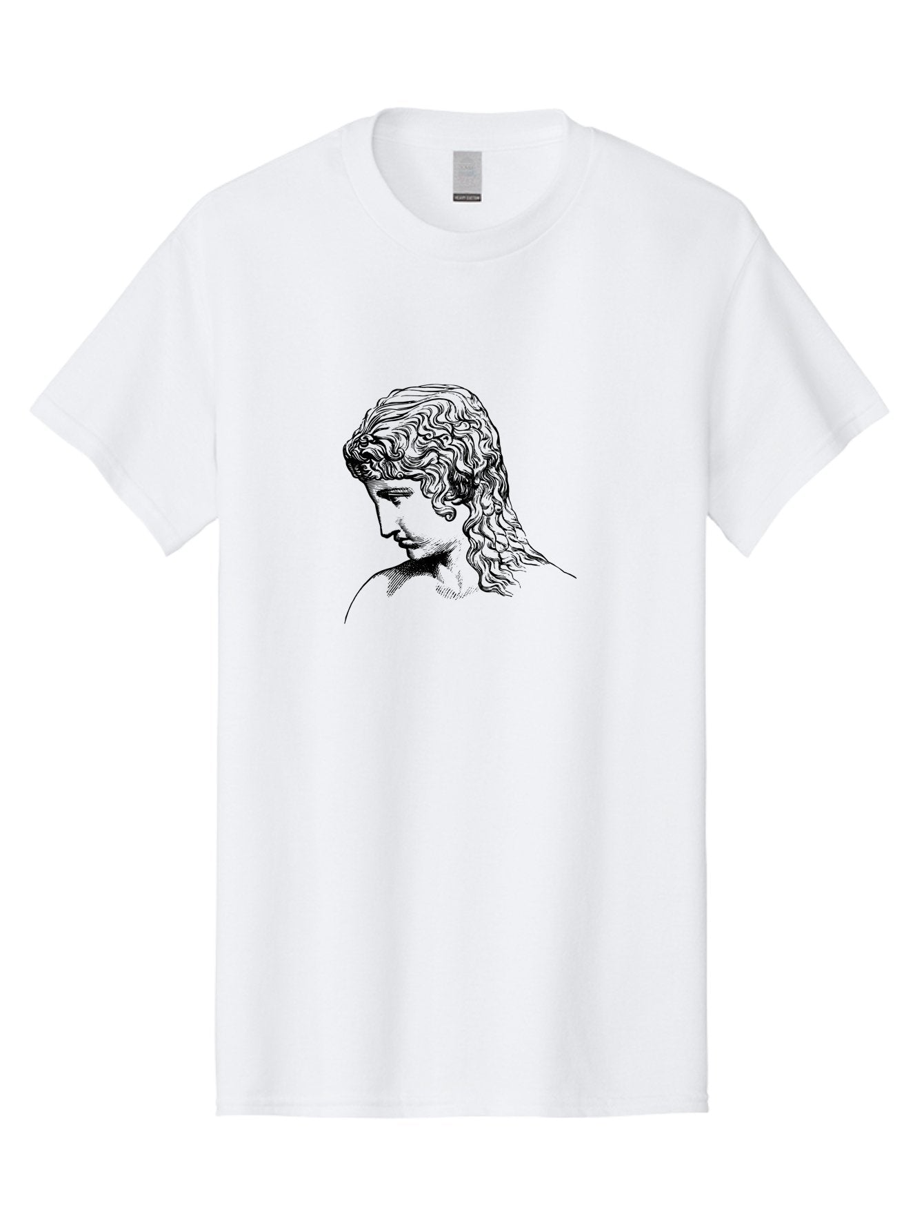 Greek-Statue-1 Men'S Graphic Tee, 100% Cotton, Comfortable Casual Summer Wear, Machine Washable, Woman Looking Down, Flowing Hair, Black And White Illustration, Elegant Portrait, Classical Art, Serene Expression, Calm Atmosphere, -  Aaa539 11