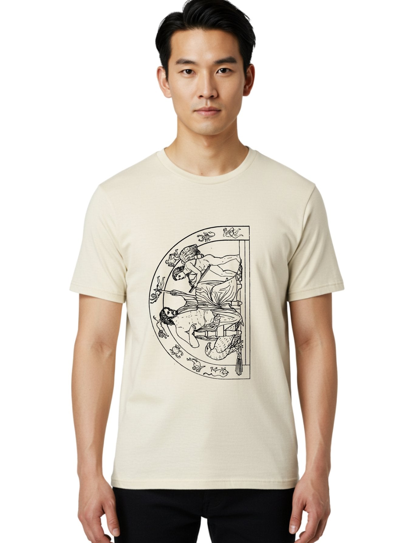 Letter-E-Illustration Men'S Graphic Tee, 100% Cotton, Comfortable Casual Summer Wear, Machine Washable, Ancient Greek Art, Warrior Battle Scene, Classical Mythology, Line Art, Historical Illustration, Mythological Creatures, -  Aaa548 26