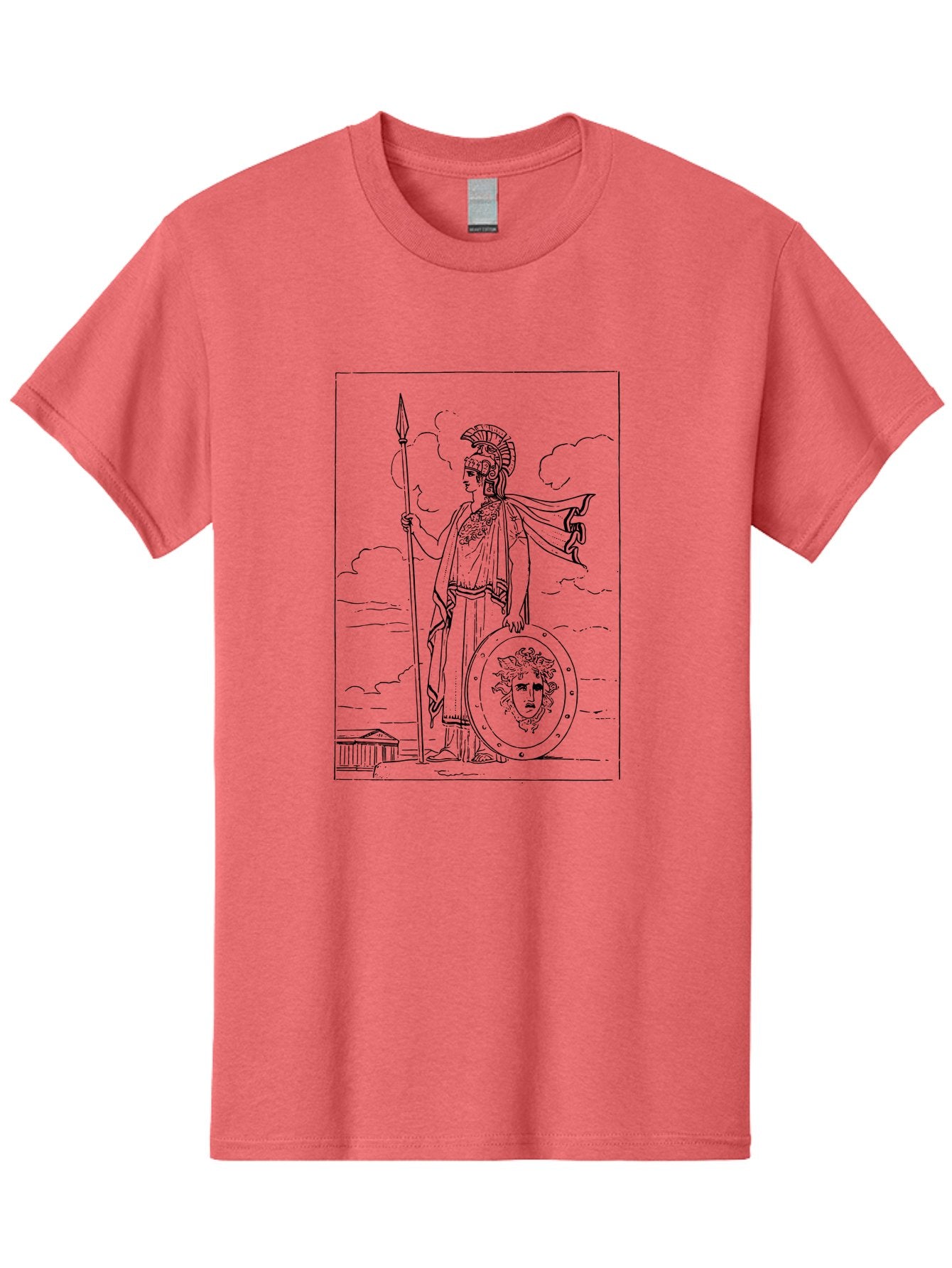 Pallas-Athena Men'S Graphic Tee, 100% Cotton, Comfortable Casual Summer Wear, Machine Washable, Athena Standing, Greek Goddess, Spear In Hand, Shield With Medusa'S Head, Classical Greek Attire, Helmet And Cape, Ancient Greek Architecture, -  Aaa555 23