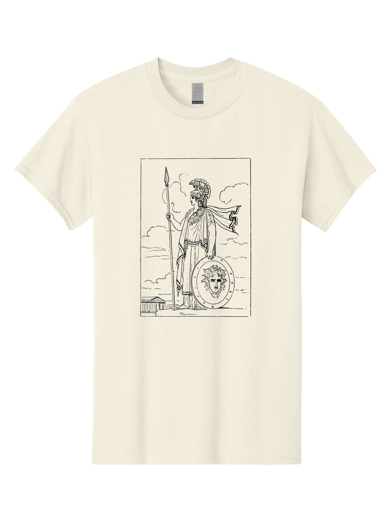 Pallas-Athena Men'S Graphic Tee, 100% Cotton, Comfortable Casual Summer Wear, Machine Washable, Athena Standing, Greek Goddess, Spear In Hand, Shield With Medusa'S Head, Classical Greek Attire, Helmet And Cape, Ancient Greek Architecture, -  Aaa555 25