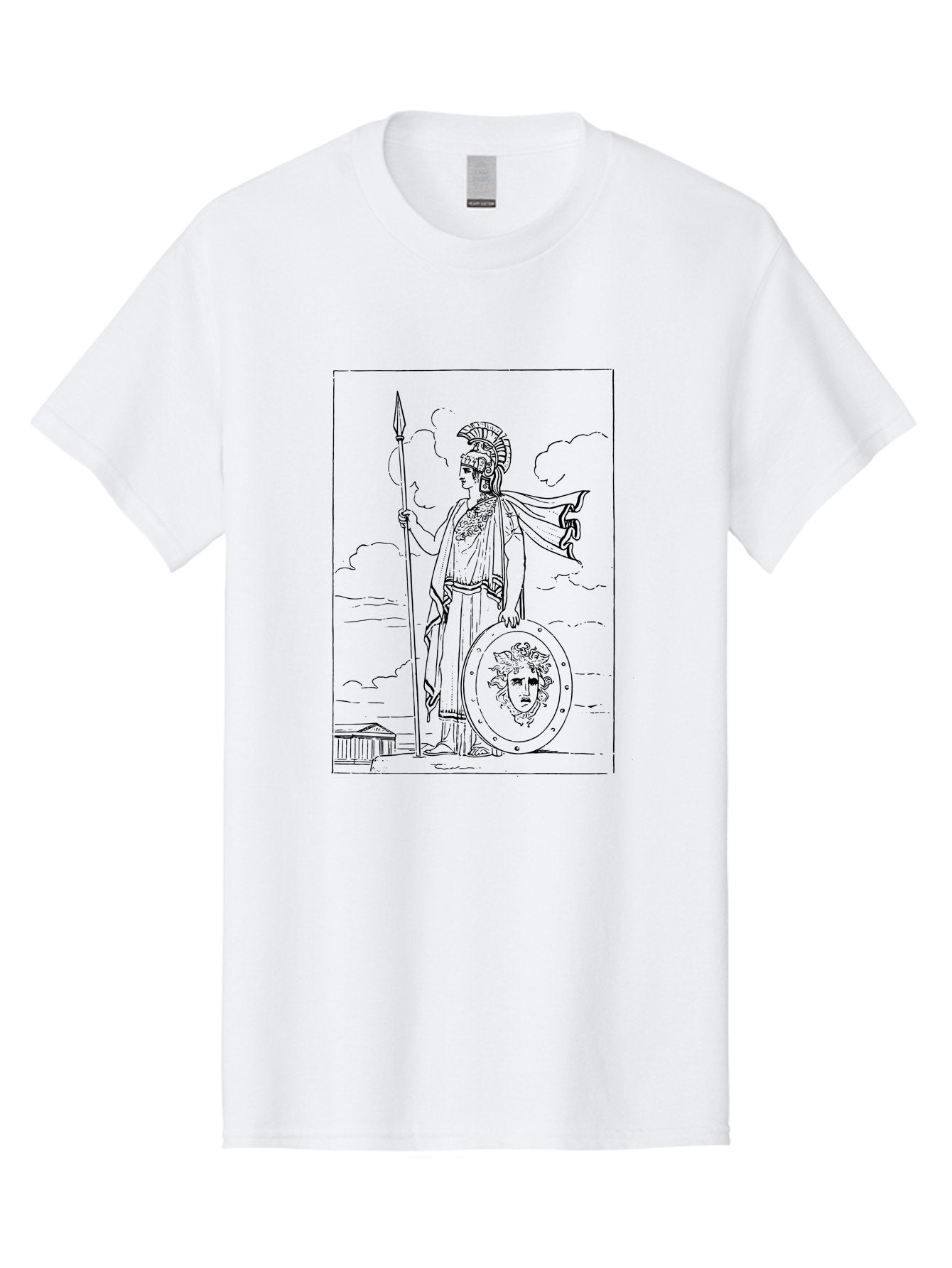 Pallas-Athena Men'S Graphic Tee, 100% Cotton, Comfortable Casual Summer Wear, Machine Washable, Athena Standing, Greek Goddess, Spear In Hand, Shield With Medusa'S Head, Classical Greek Attire, Helmet And Cape, Ancient Greek Architecture, -  Aaa555 29