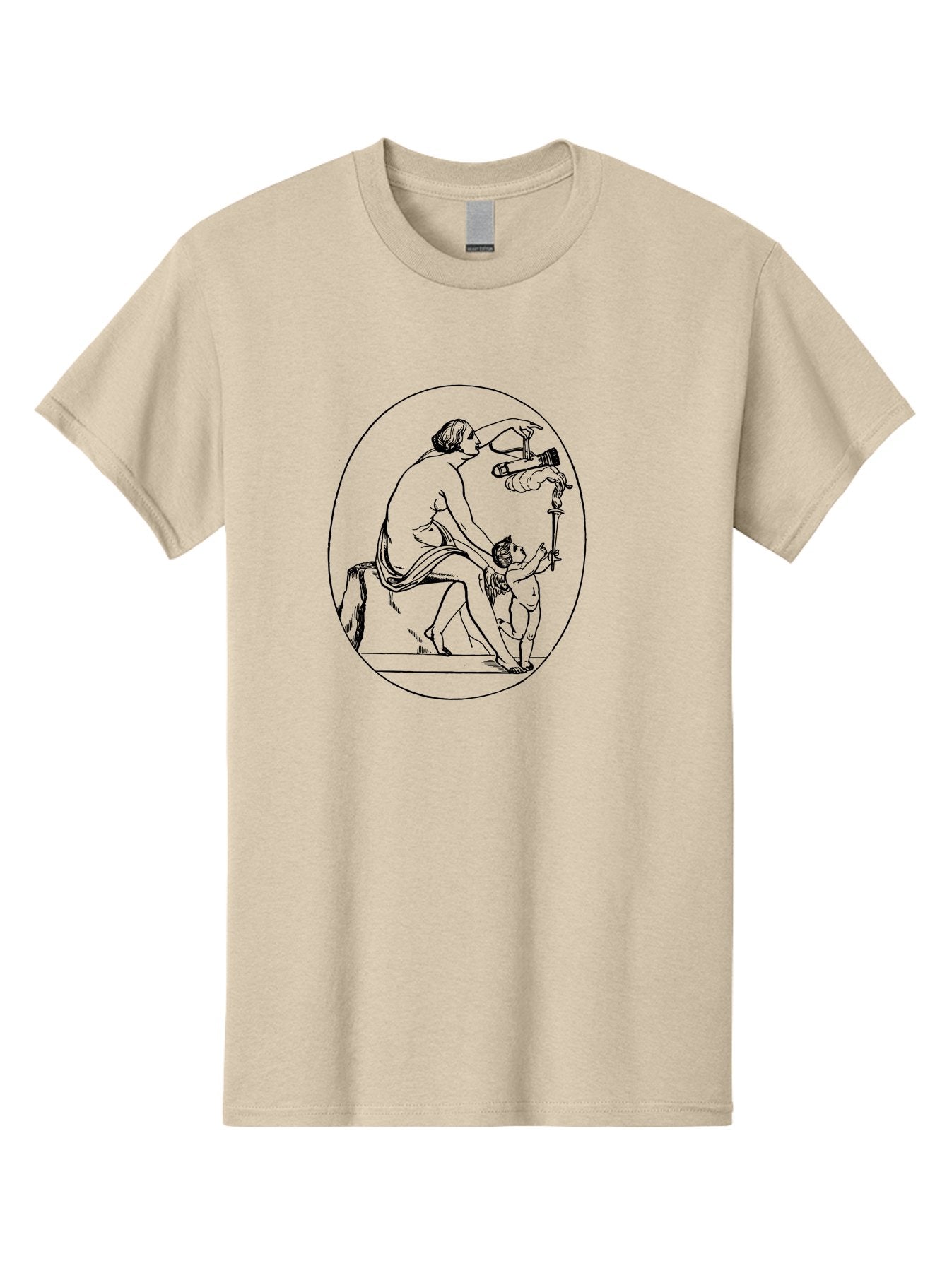 Satyr-And-Child Men'S Graphic Tee, 100% Cotton, Comfortable Casual Summer Wear, Machine Washable, Classical Art, Man Kneeling, Child Standing, Gift Giving, Ancient Greek, Black Line Art, Simple Shapes, Minimalist Design, Elegant Lines, -  Aaa560 23