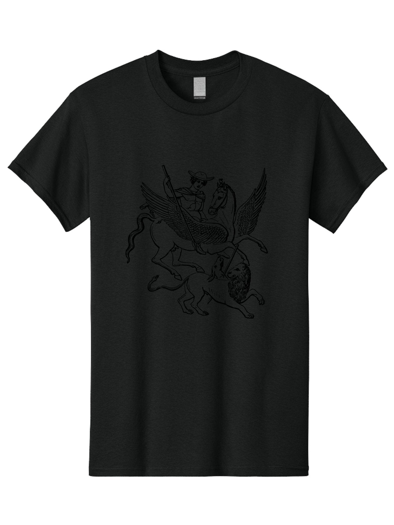 St-George-And-Dragon Men'S Graphic Tee, 100% Cotton, Comfortable Casual Summer Wear, Machine Washable, Man Riding Winged Horse, Horse Attacking Lion, Mythical Creatures, Fantasy Artwork, Black Line Art, Vintage Illustration, -  Aaa565 19