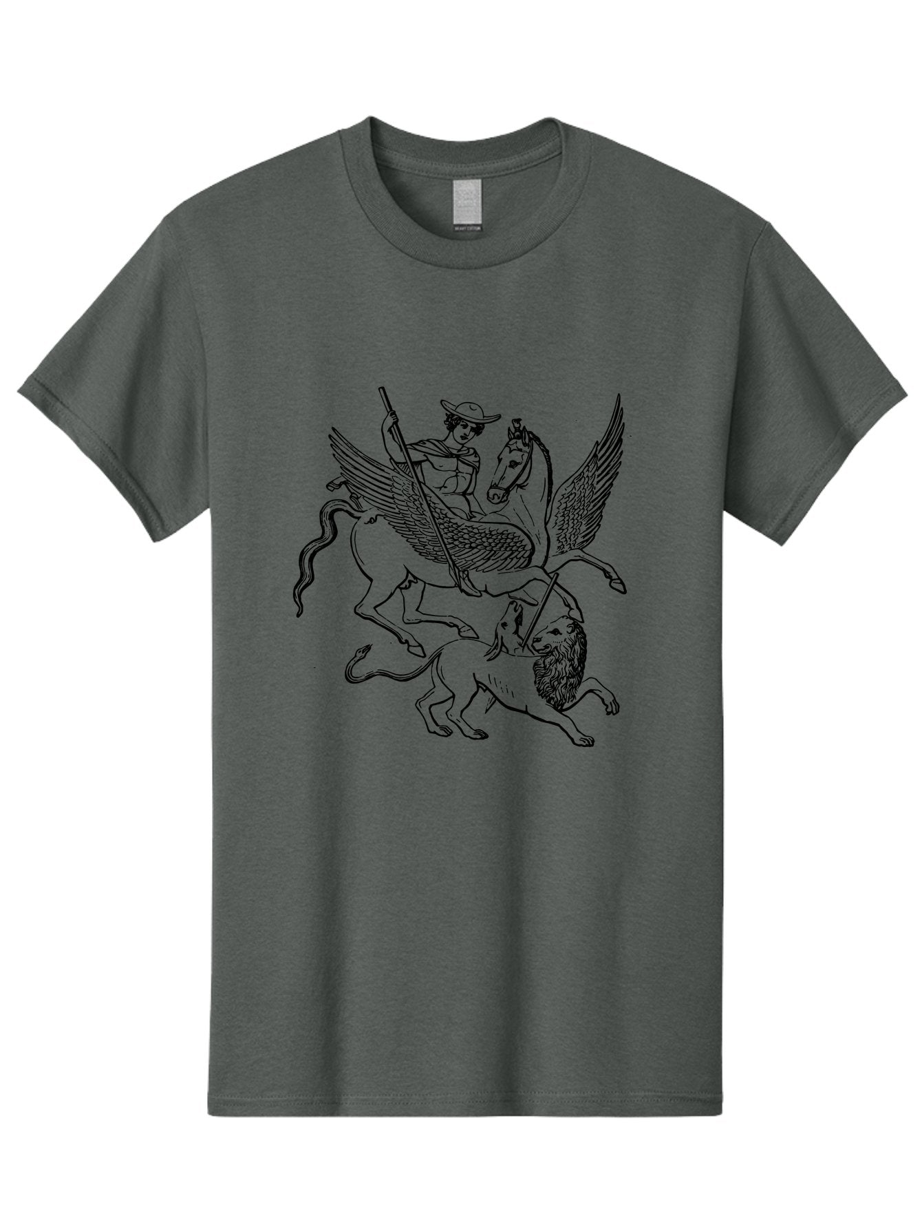 St-George-And-Dragon Men'S Graphic Tee, 100% Cotton, Comfortable Casual Summer Wear, Machine Washable, Man Riding Winged Horse, Horse Attacking Lion, Mythical Creatures, Fantasy Artwork, Black Line Art, Vintage Illustration, -  Aaa565 3