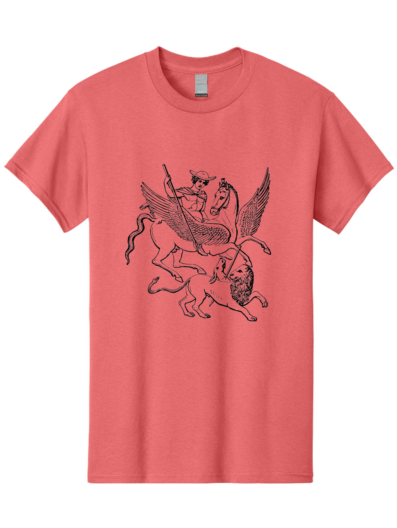 St-George-And-Dragon Men'S Graphic Tee, 100% Cotton, Comfortable Casual Summer Wear, Machine Washable, Man Riding Winged Horse, Horse Attacking Lion, Mythical Creatures, Fantasy Artwork, Black Line Art, Vintage Illustration, -  Aaa565 29