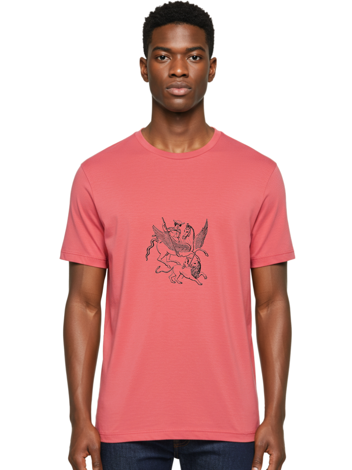 St-George-And-Dragon Men'S Graphic Tee, 100% Cotton, Comfortable Casual Summer Wear, Machine Washable, Man Riding Winged Horse, Horse Attacking Lion, Mythical Creatures, Fantasy Artwork, Black Line Art, Vintage Illustration, -  Aaa565 30