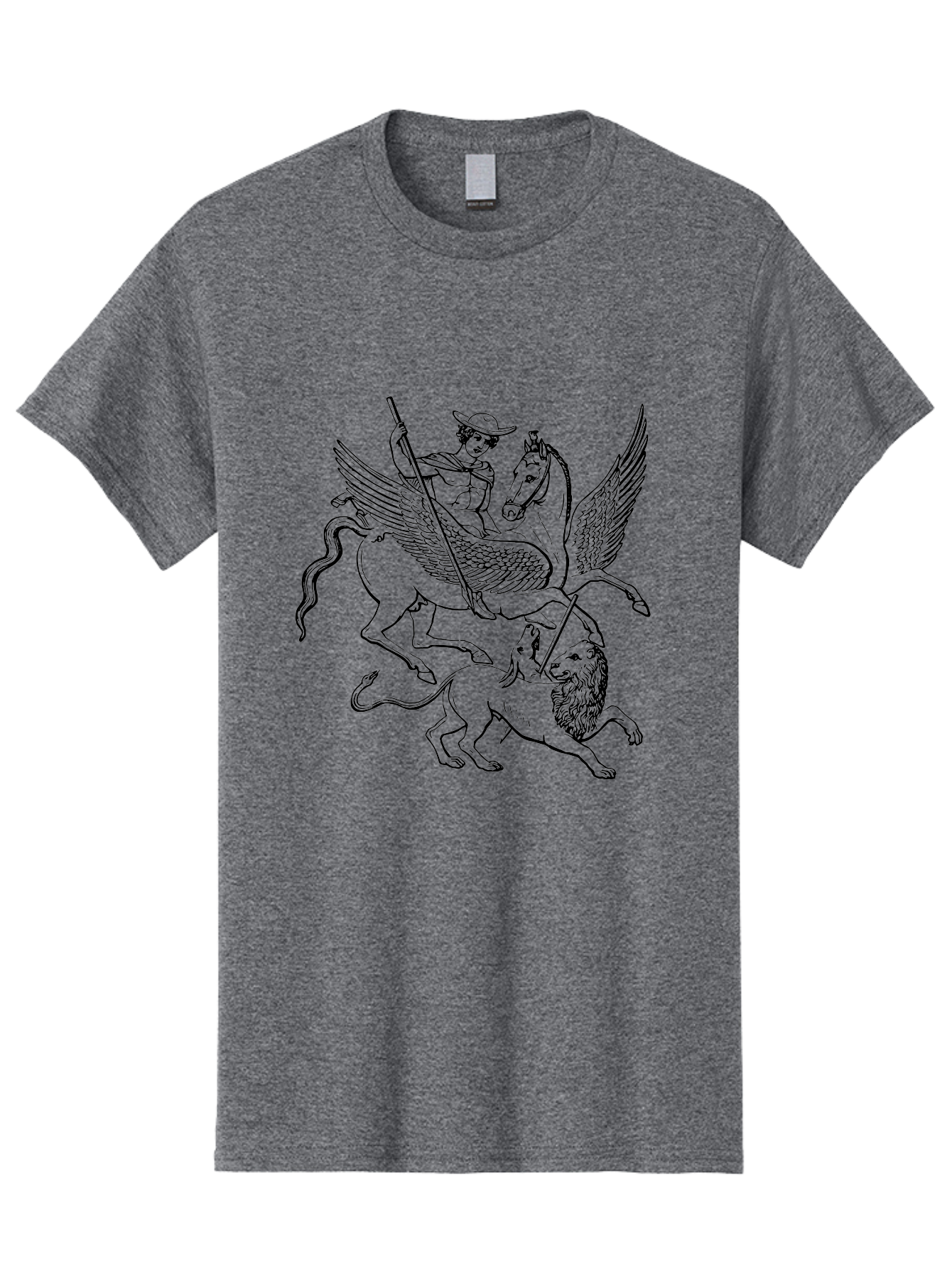St-George-And-Dragon Men'S Graphic Tee, 100% Cotton, Comfortable Casual Summer Wear, Machine Washable, Man Riding Winged Horse, Horse Attacking Lion, Mythical Creatures, Fantasy Artwork, Black Line Art, Vintage Illustration, -  Aaa565 17