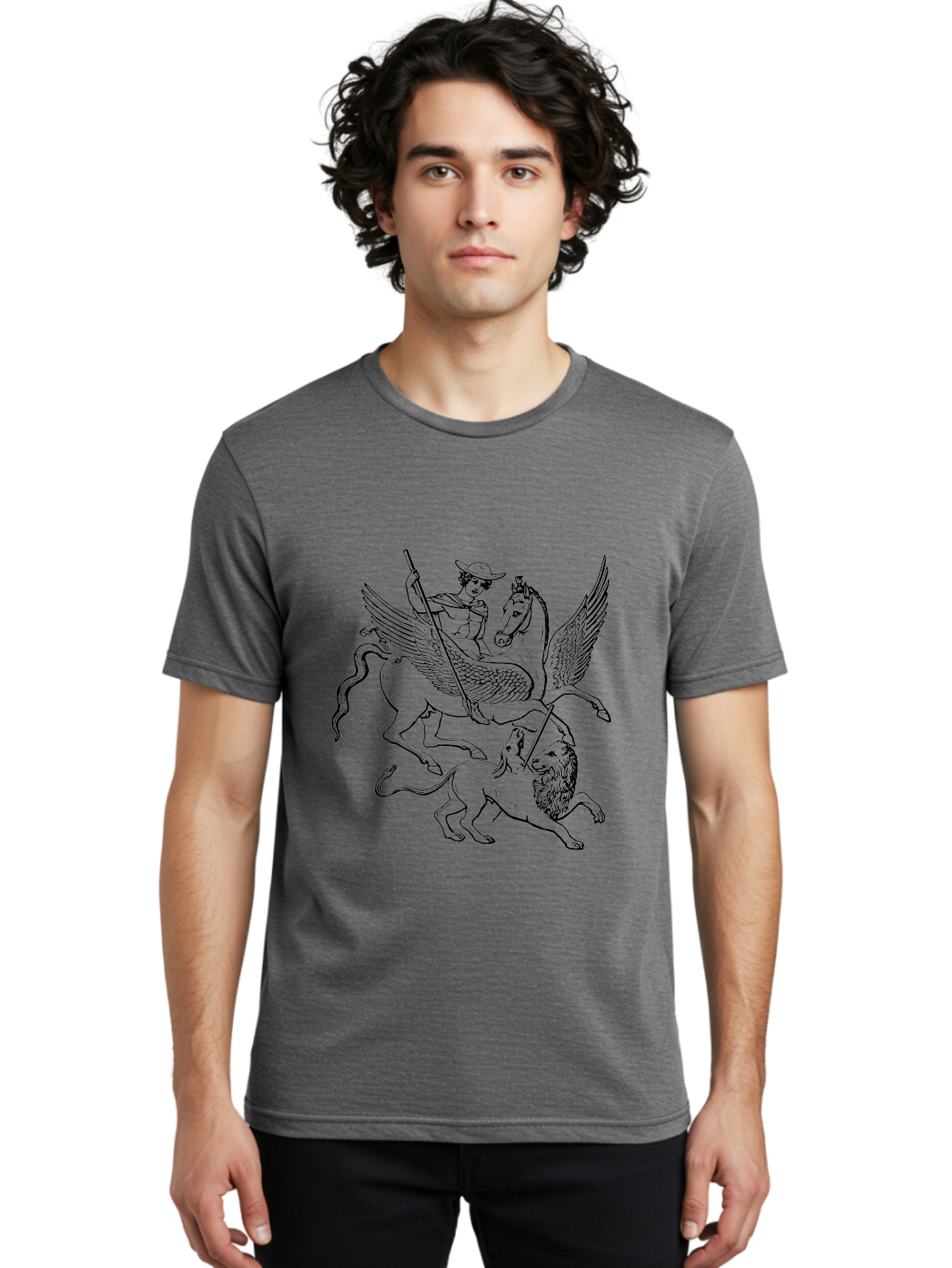 St-George-And-Dragon Men'S Graphic Tee, 100% Cotton, Comfortable Casual Summer Wear, Machine Washable, Man Riding Winged Horse, Horse Attacking Lion, Mythical Creatures, Fantasy Artwork, Black Line Art, Vintage Illustration, -  Aaa565 18