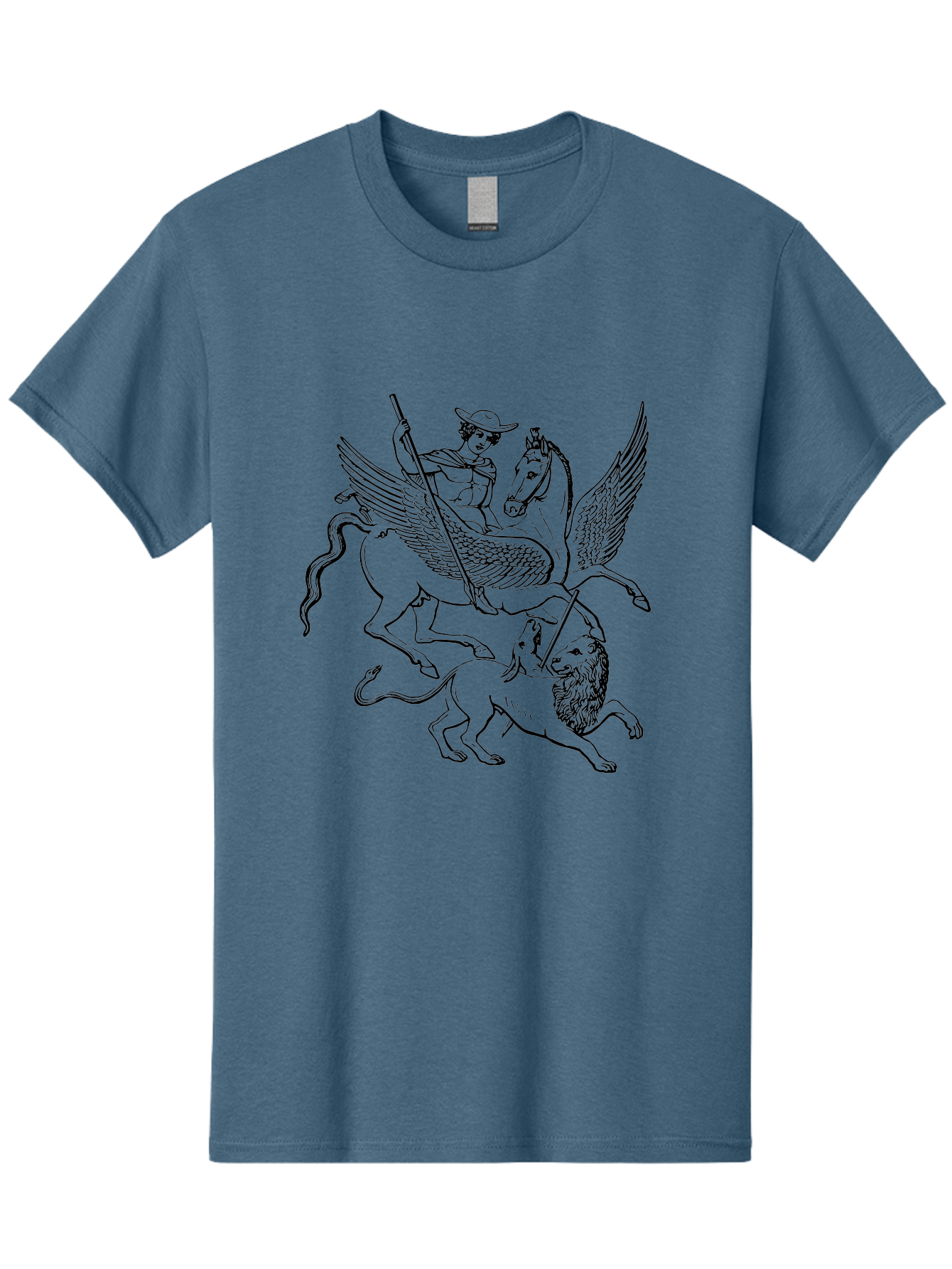 St-George-And-Dragon Men'S Graphic Tee, 100% Cotton, Comfortable Casual Summer Wear, Machine Washable, Man Riding Winged Horse, Horse Attacking Lion, Mythical Creatures, Fantasy Artwork, Black Line Art, Vintage Illustration, -  Aaa565 27