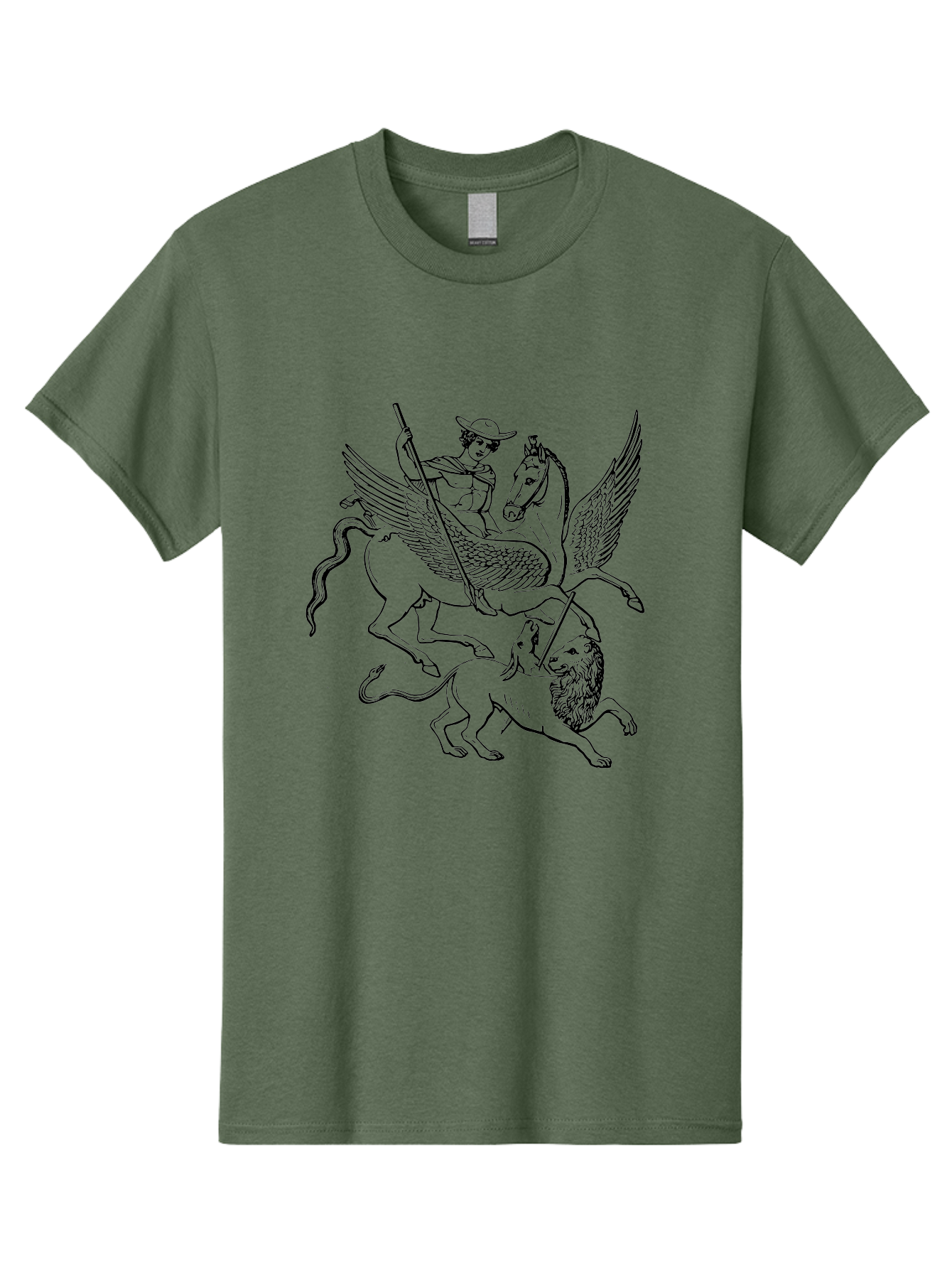 St-George-And-Dragon Men'S Graphic Tee, 100% Cotton, Comfortable Casual Summer Wear, Machine Washable, Man Riding Winged Horse, Horse Attacking Lion, Mythical Creatures, Fantasy Artwork, Black Line Art, Vintage Illustration, -  Aaa565 7