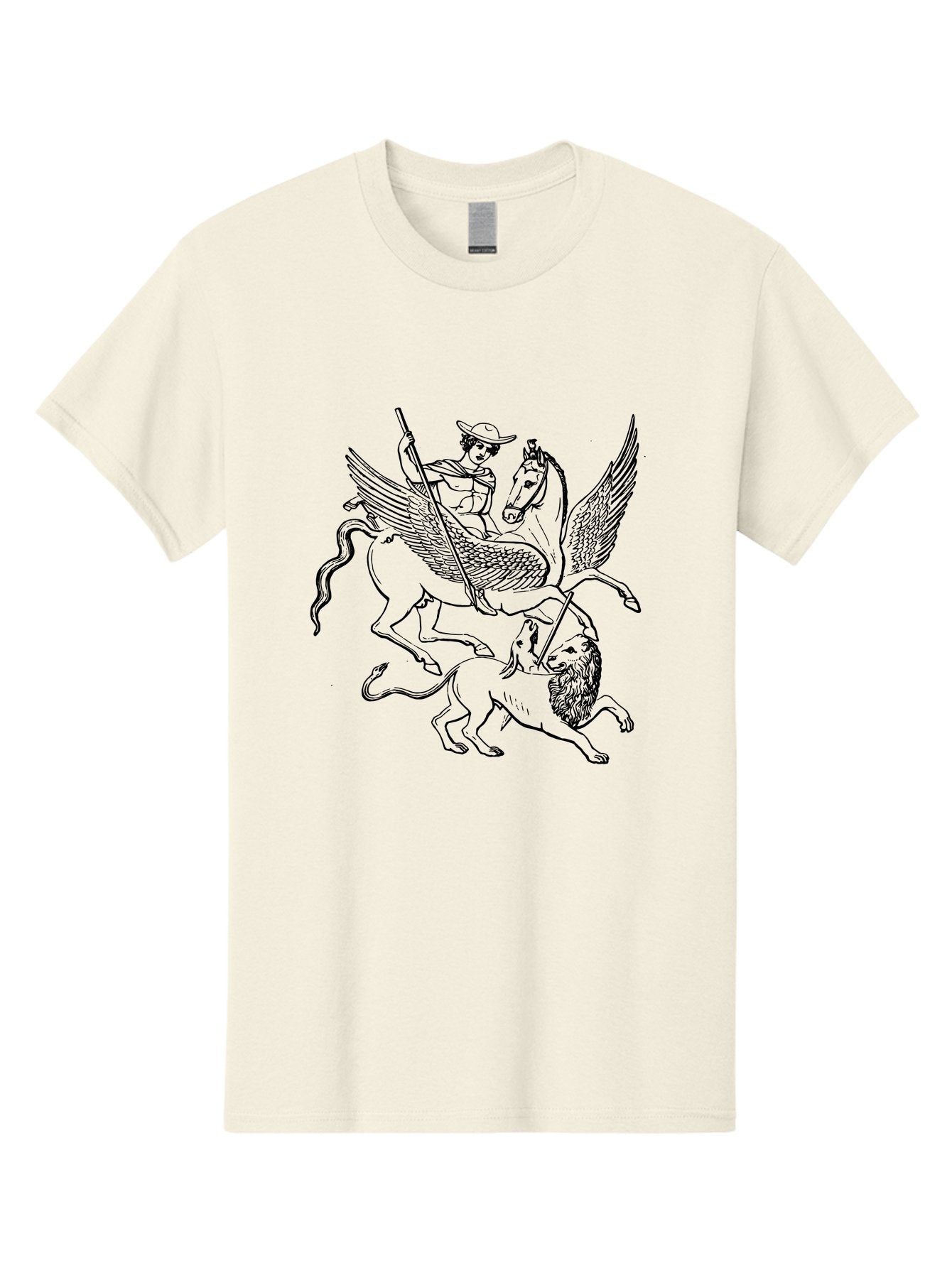 St-George-And-Dragon Men'S Graphic Tee, 100% Cotton, Comfortable Casual Summer Wear, Machine Washable, Man Riding Winged Horse, Horse Attacking Lion, Mythical Creatures, Fantasy Artwork, Black Line Art, Vintage Illustration, -  Aaa565