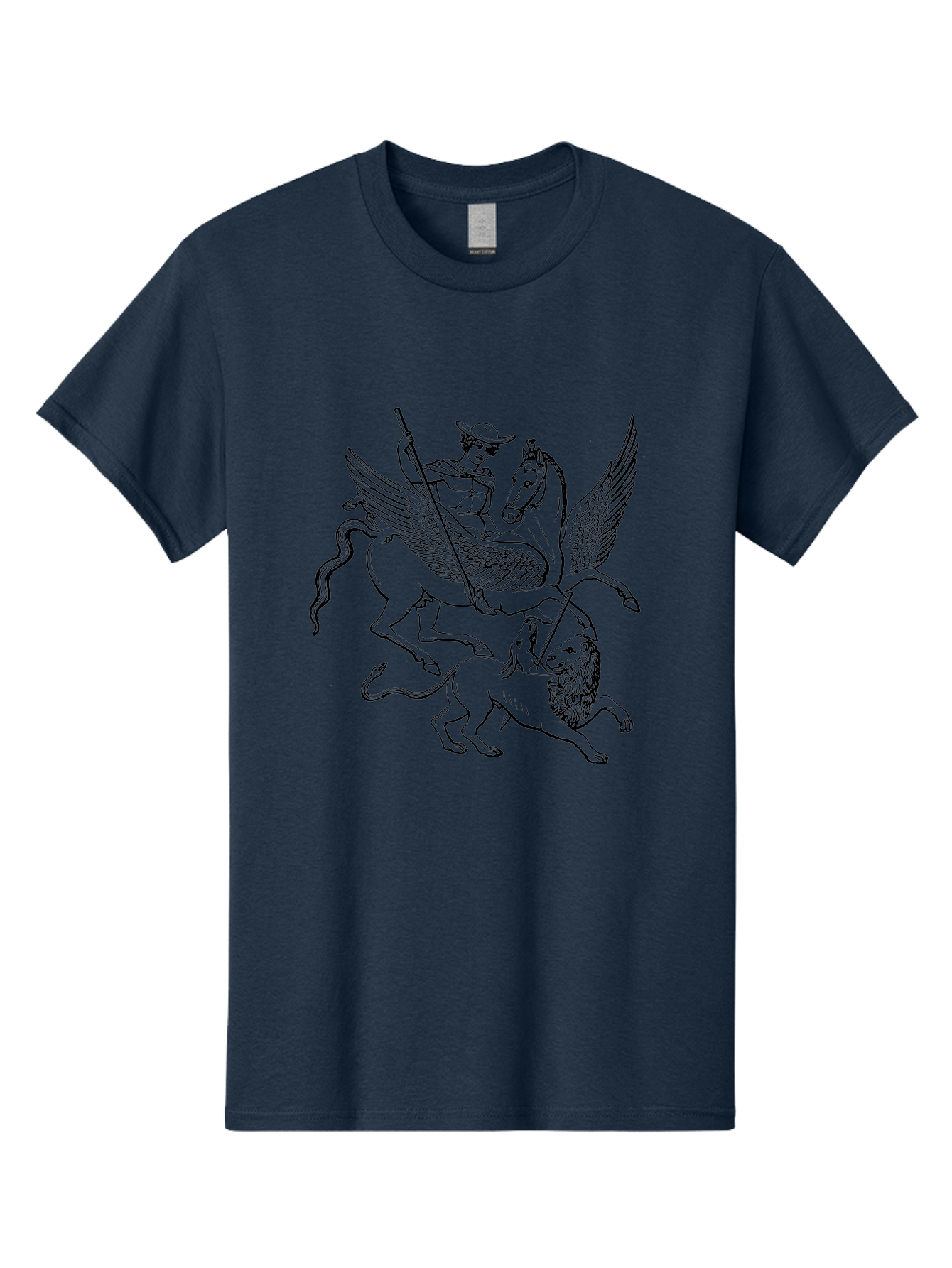 St-George-And-Dragon Men'S Graphic Tee, 100% Cotton, Comfortable Casual Summer Wear, Machine Washable, Man Riding Winged Horse, Horse Attacking Lion, Mythical Creatures, Fantasy Artwork, Black Line Art, Vintage Illustration, -  Aaa565