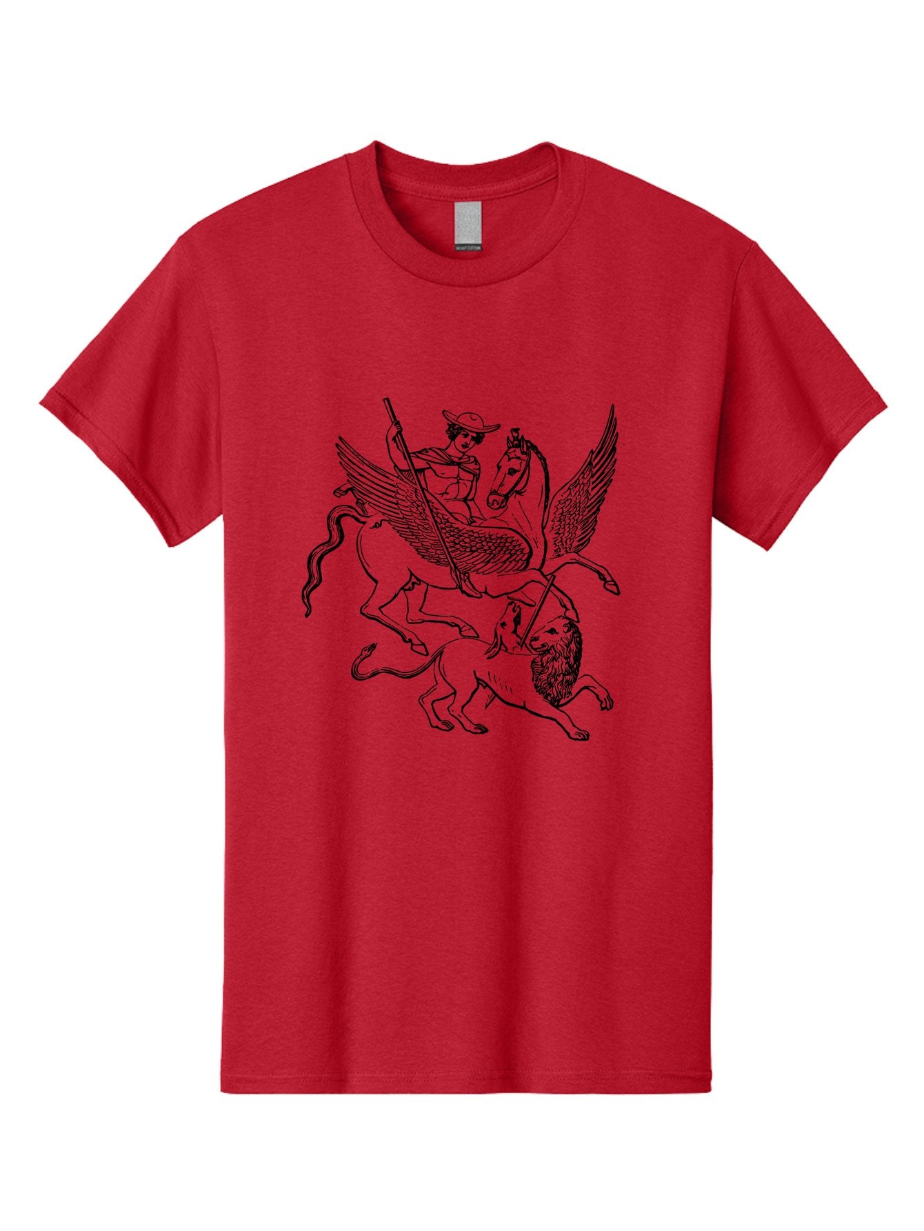 St-George-And-Dragon Men'S Graphic Tee, 100% Cotton, Comfortable Casual Summer Wear, Machine Washable, Man Riding Winged Horse, Horse Attacking Lion, Mythical Creatures, Fantasy Artwork, Black Line Art, Vintage Illustration, -  Aaa565 5