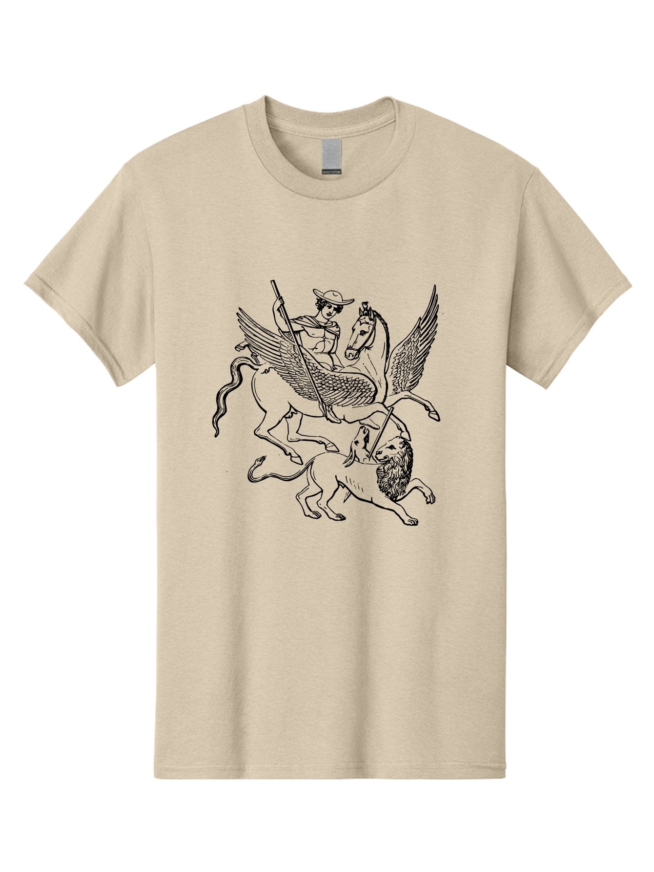 St-George-And-Dragon Men'S Graphic Tee, 100% Cotton, Comfortable Casual Summer Wear, Machine Washable, Man Riding Winged Horse, Horse Attacking Lion, Mythical Creatures, Fantasy Artwork, Black Line Art, Vintage Illustration, -  Aaa565 17