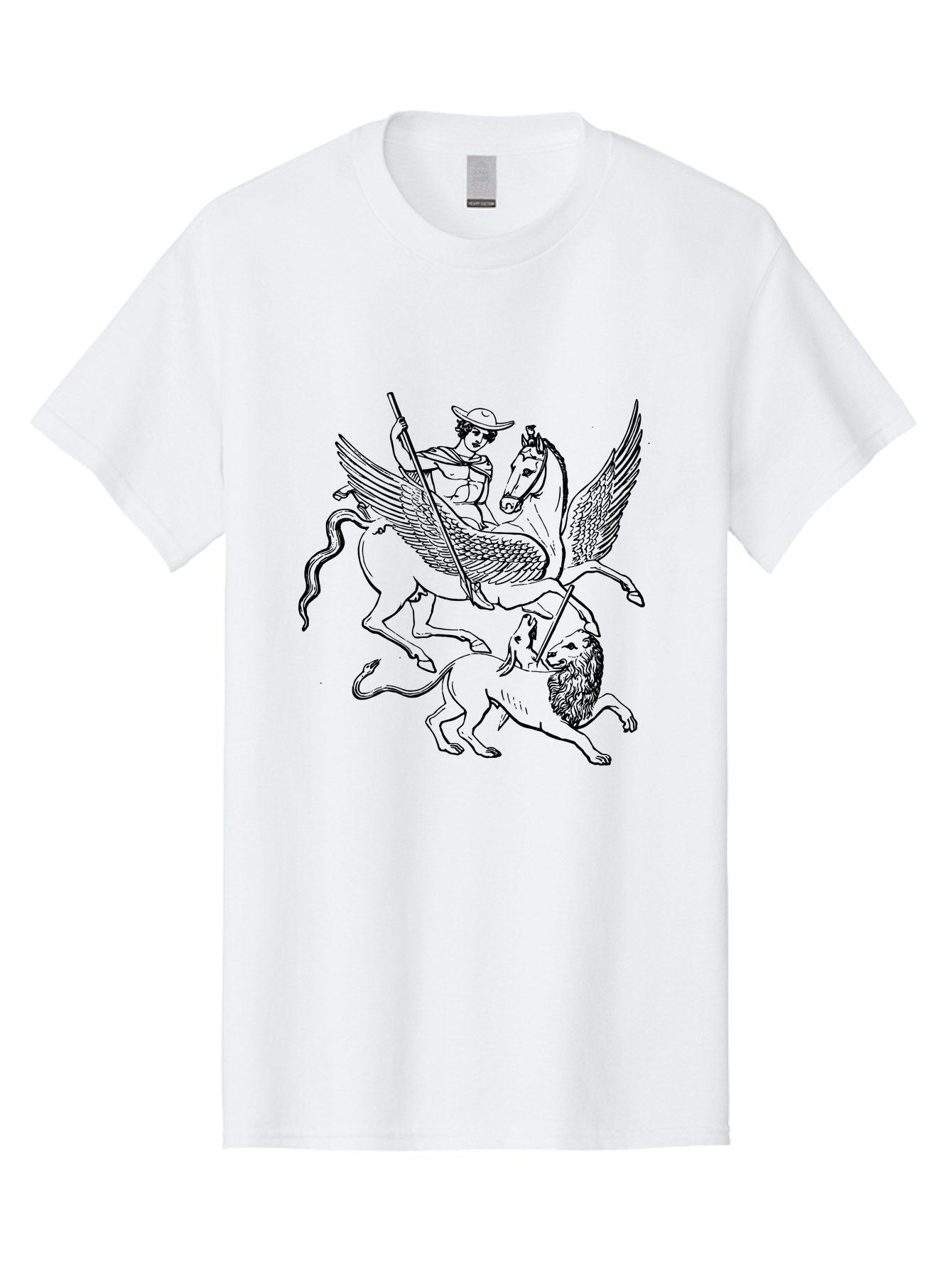 St-George-And-Dragon Men'S Graphic Tee, 100% Cotton, Comfortable Casual Summer Wear, Machine Washable, Man Riding Winged Horse, Horse Attacking Lion, Mythical Creatures, Fantasy Artwork, Black Line Art, Vintage Illustration, -  Aaa565 27