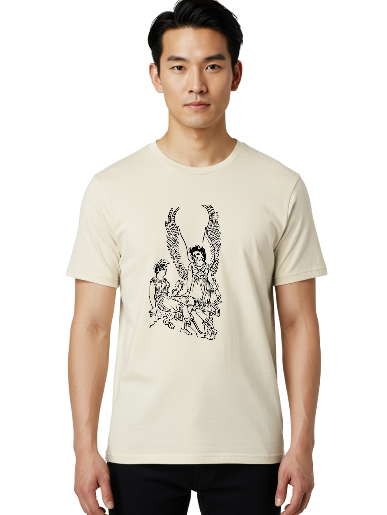 Victory-And-Man Men'S Graphic Tee, 100% Cotton, Comfortable Casual Summer Wear, Machine Washable, Angel With Wings, Woman Sitting, Flowing Robes, Ancient Mythology, Mysterious Scene, Spiritual Being, Divine Presence, Symbolic Art -  Aaa570 18