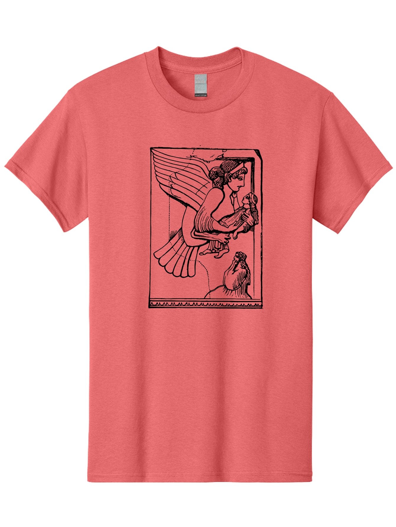 Winged-Goddess-With-Bird Men'S Graphic Tee, 100% Cotton, Comfortable Casual Summer Wear, Machine Washable, Winged Goddess Offering Dove, Ancient Greek Art, Mythological Figure, Dove Symbolism, Angelic Being, Classical Mythology, -  Aaa571
