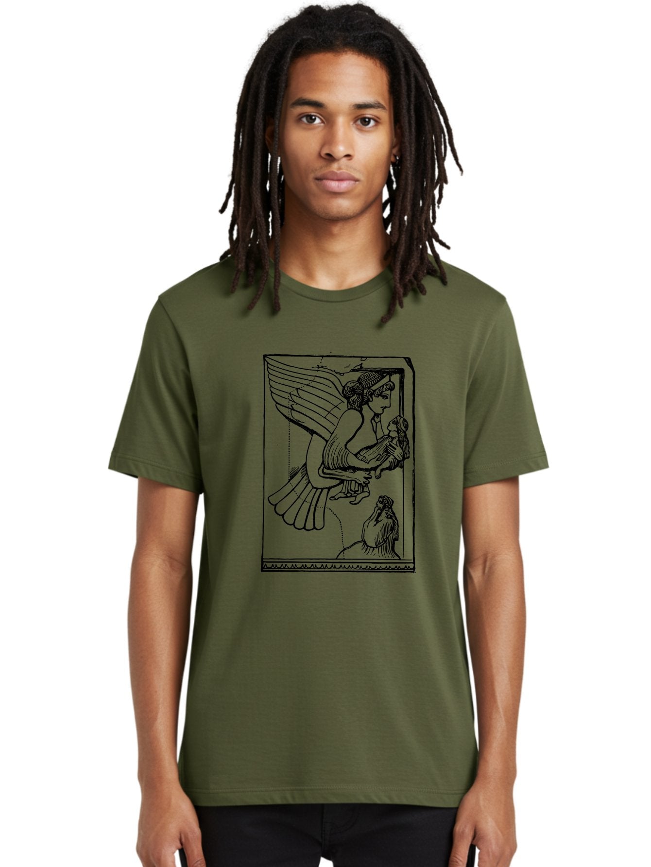 Winged-Goddess-With-Bird Men'S Graphic Tee, 100% Cotton, Comfortable Casual Summer Wear, Machine Washable, Winged Goddess Offering Dove, Ancient Greek Art, Mythological Figure, Dove Symbolism, Angelic Being, Classical Mythology, -  Aaa571 30