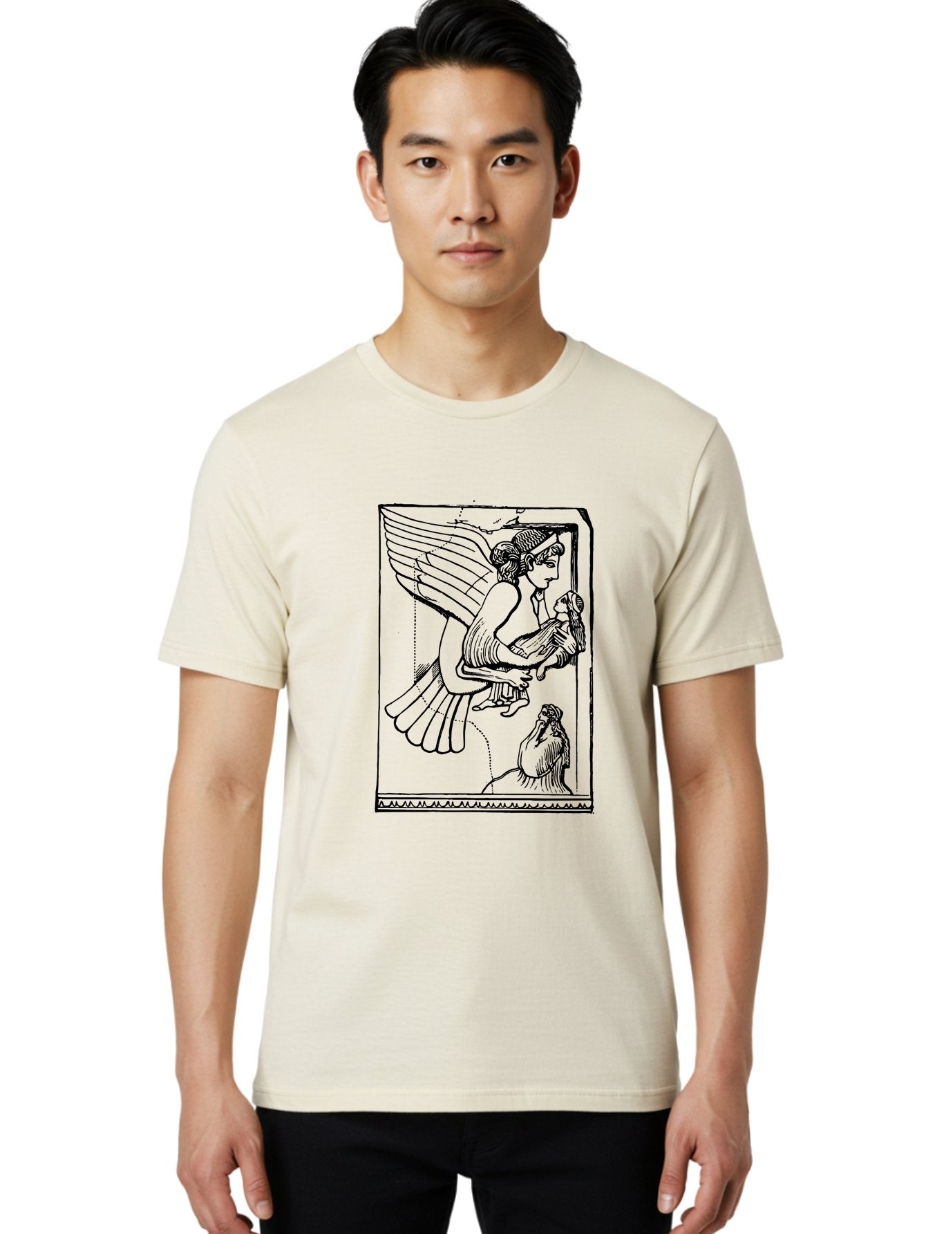 Winged-Goddess-With-Bird Men'S Graphic Tee, 100% Cotton, Comfortable Casual Summer Wear, Machine Washable, Winged Goddess Offering Dove, Ancient Greek Art, Mythological Figure, Dove Symbolism, Angelic Being, Classical Mythology, -  Aaa571 8