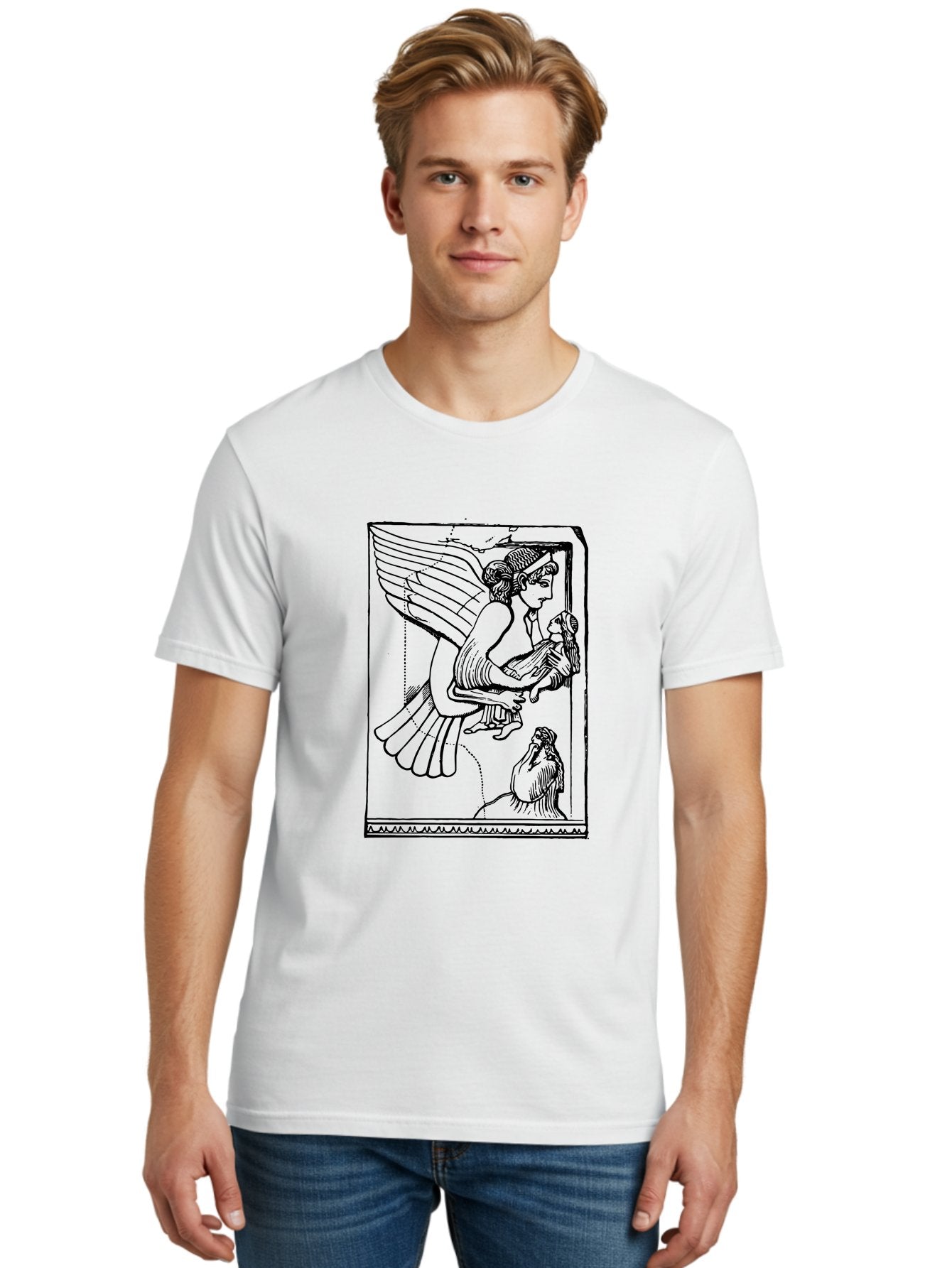 Winged-Goddess-With-Bird Men'S Graphic Tee, 100% Cotton, Comfortable Casual Summer Wear, Machine Washable, Winged Goddess Offering Dove, Ancient Greek Art, Mythological Figure, Dove Symbolism, Angelic Being, Classical Mythology, -  Aaa571 20