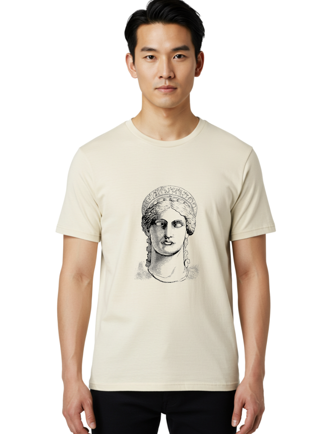 Woman-Portrait Men'S Graphic Tee, 100% Cotton, Comfortable Casual Summer Wear, Machine Washable, Classical Art, Ancient Greek Mythology, Marble Bust, Goddess Statue, Serene Face, Elegant Portrait, Intricate Details, Classical Beauty, -  Aaa575 20