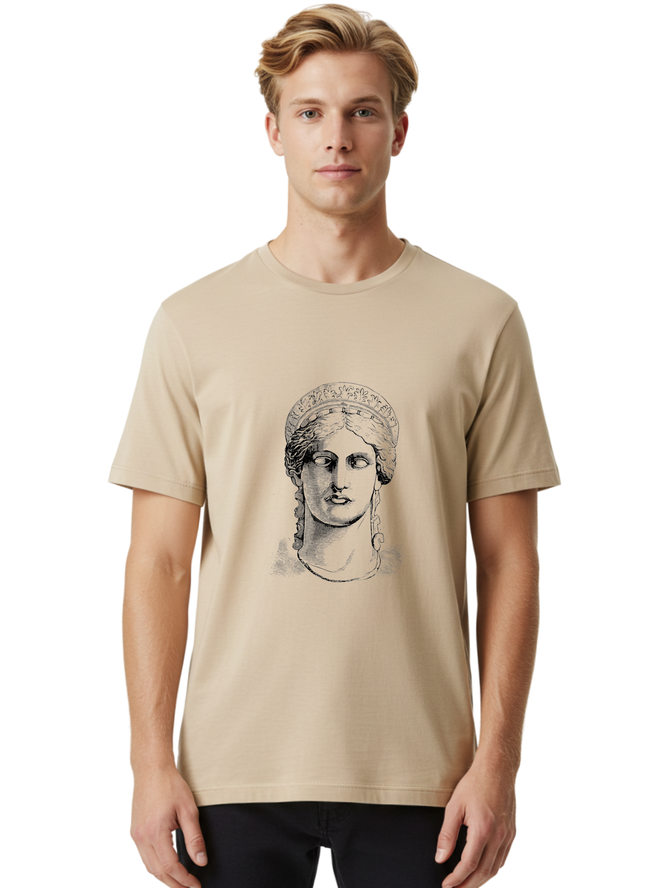Woman-Portrait Men'S Graphic Tee, 100% Cotton, Comfortable Casual Summer Wear, Machine Washable, Classical Art, Ancient Greek Mythology, Marble Bust, Goddess Statue, Serene Face, Elegant Portrait, Intricate Details, Classical Beauty, -  Aaa575 12