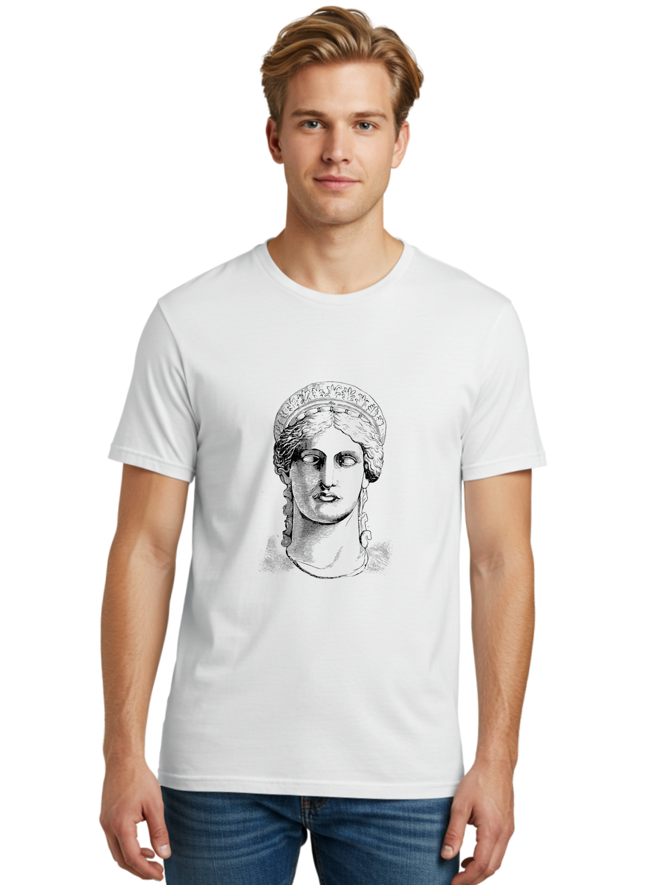 Woman-Portrait Men'S Graphic Tee, 100% Cotton, Comfortable Casual Summer Wear, Machine Washable, Classical Art, Ancient Greek Mythology, Marble Bust, Goddess Statue, Serene Face, Elegant Portrait, Intricate Details, Classical Beauty, -  Aaa575 4