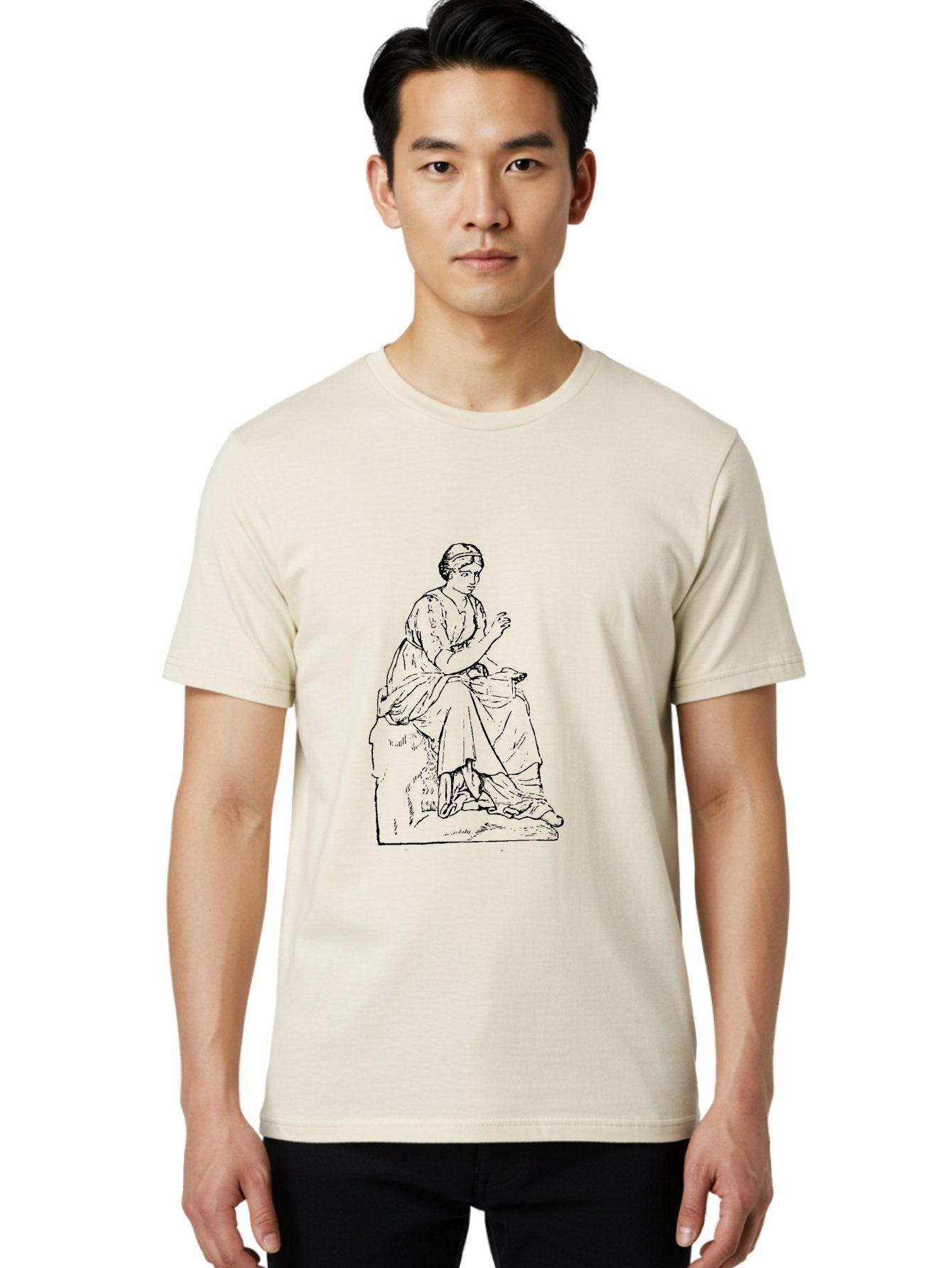 Woman-Sitting Men'S Graphic Tee, 100% Cotton, Comfortable Casual Summer Wear, Machine Washable, Classical Art, Woman Sitting On A Rock, Flowing Dress, Serene Atmosphere, Simple Elegance, Pencil Drawing Style, Female Figure, -  Aaa576 6