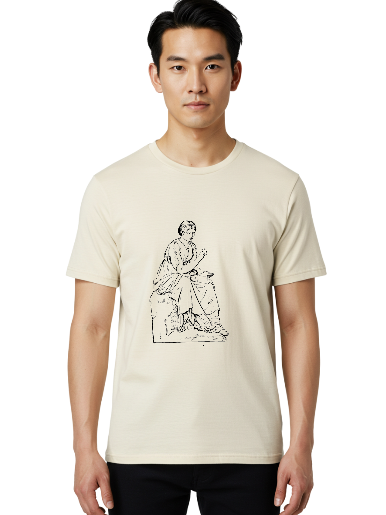 Woman-Sitting Men'S Graphic Tee, 100% Cotton, Comfortable Casual Summer Wear, Machine Washable, Classical Art, Woman Sitting On A Rock, Flowing Dress, Serene Atmosphere, Simple Elegance, Pencil Drawing Style, Female Figure, -  Aaa576 4