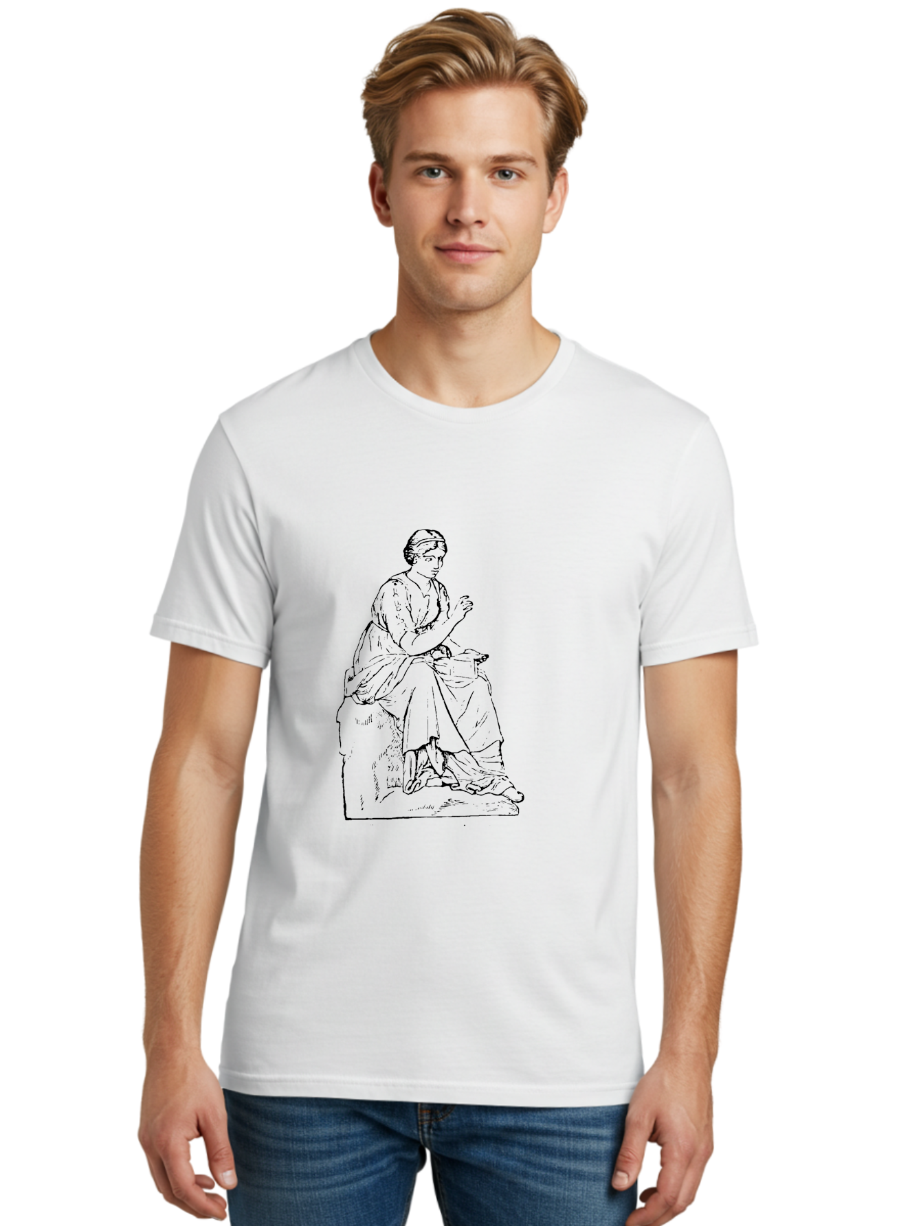 Woman-Sitting Men'S Graphic Tee, 100% Cotton, Comfortable Casual Summer Wear, Machine Washable, Classical Art, Woman Sitting On A Rock, Flowing Dress, Serene Atmosphere, Simple Elegance, Pencil Drawing Style, Female Figure, -  Aaa576 22