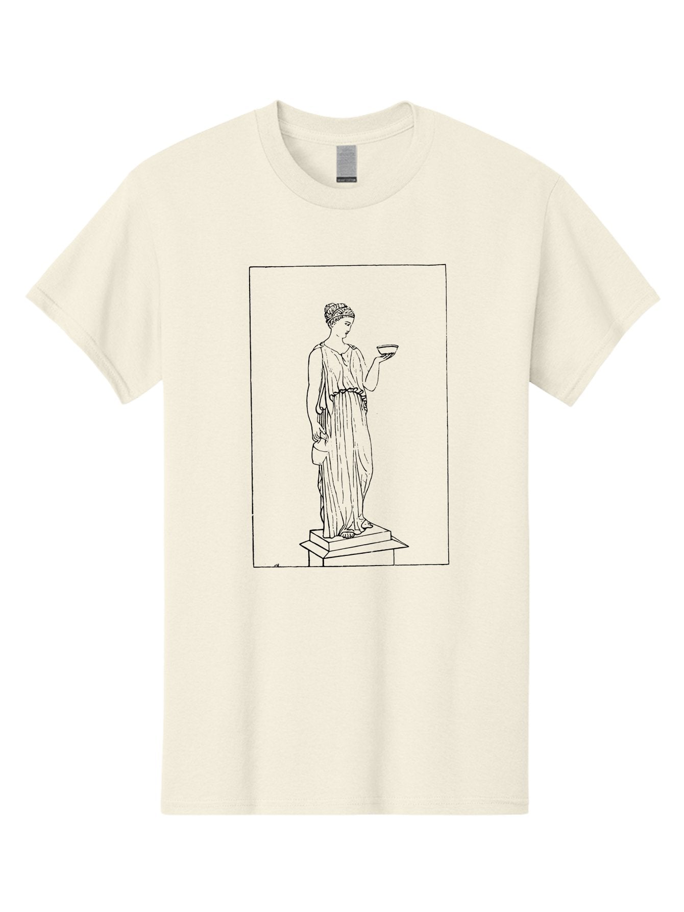 Woman-With-Bowl Men'S Graphic Tee, 100% Cotton, Comfortable Casual Summer Wear, Machine Washable, Classical Statue, Ancient Greek, Female Figure, Draped Clothing, Holding Bowl, Simple Illustration, Elegant Lines, Minimalist Art, -  Aaa577