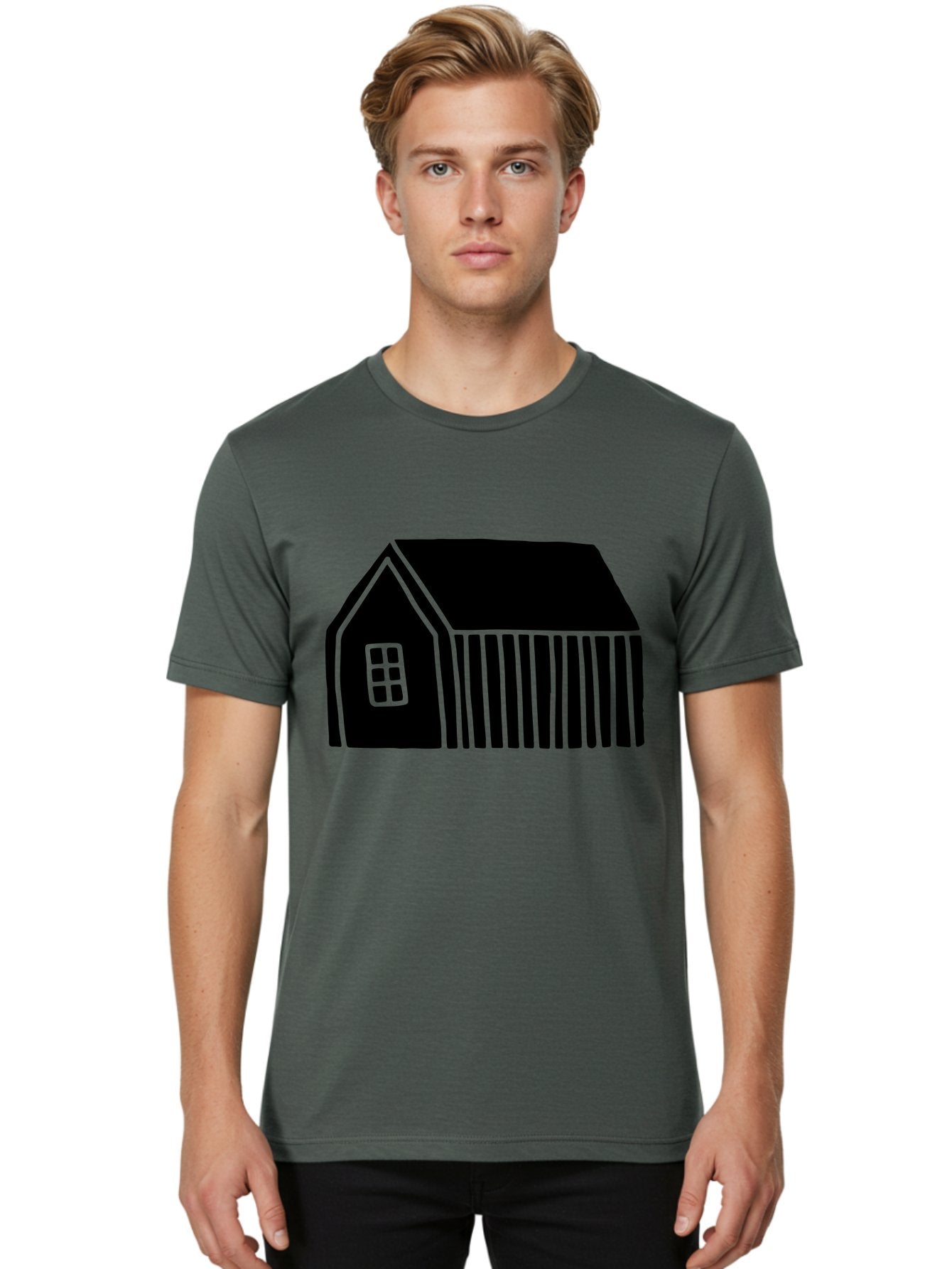 Barn Men'S Graphic Tee, 100% Cotton, Comfortable Casual Summer Wear, Machine Washable, Barn Illustration, Simple Design, Rural Architecture, Farm Building, Minimalist Art, Country Style, Black Silhouette, Green Outline -  Aaa580 10