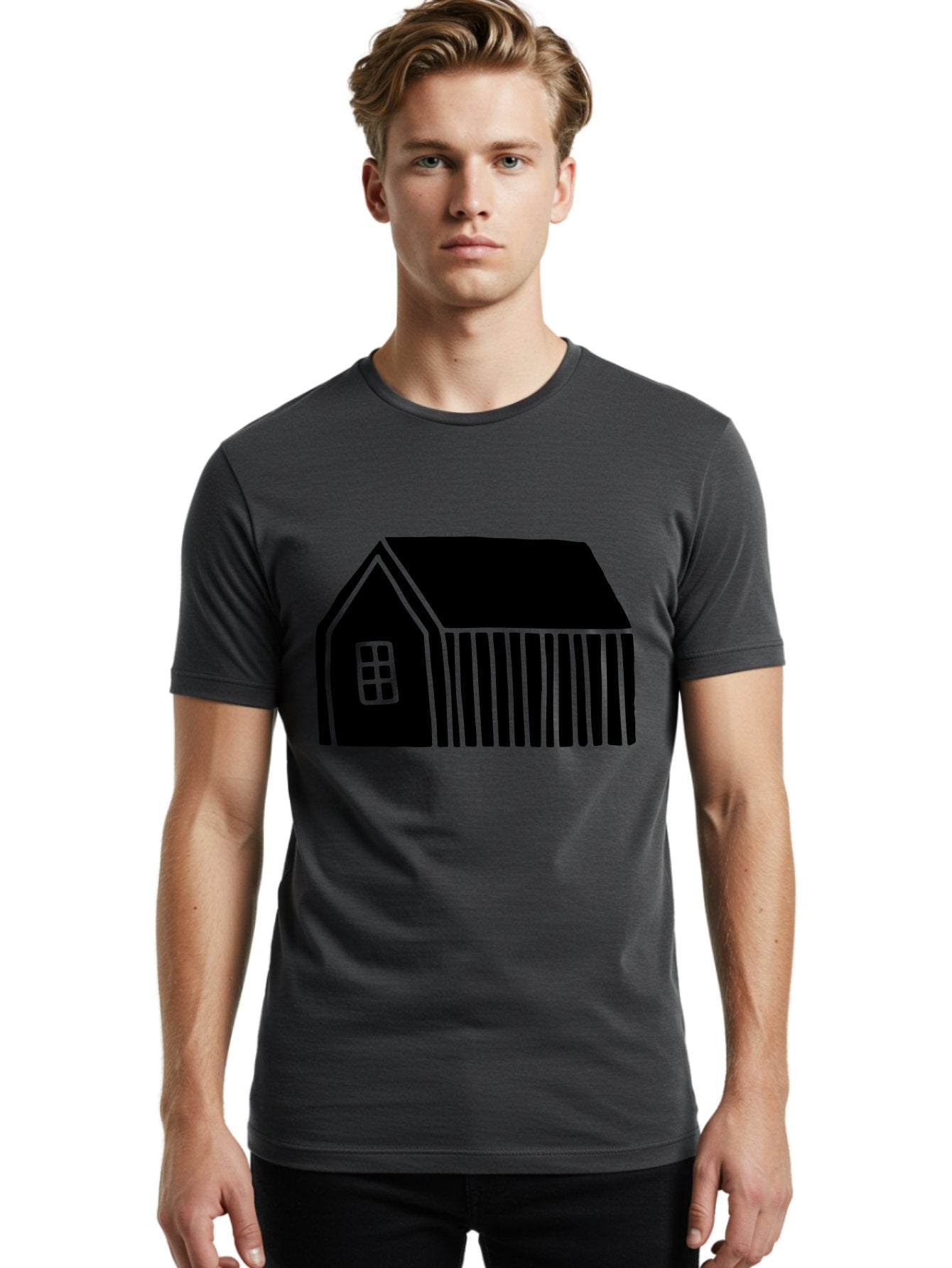 Barn Men'S Graphic Tee, 100% Cotton, Comfortable Casual Summer Wear, Machine Washable, Barn Illustration, Simple Design, Rural Architecture, Farm Building, Minimalist Art, Country Style, Black Silhouette, Green Outline -  Aaa580 22