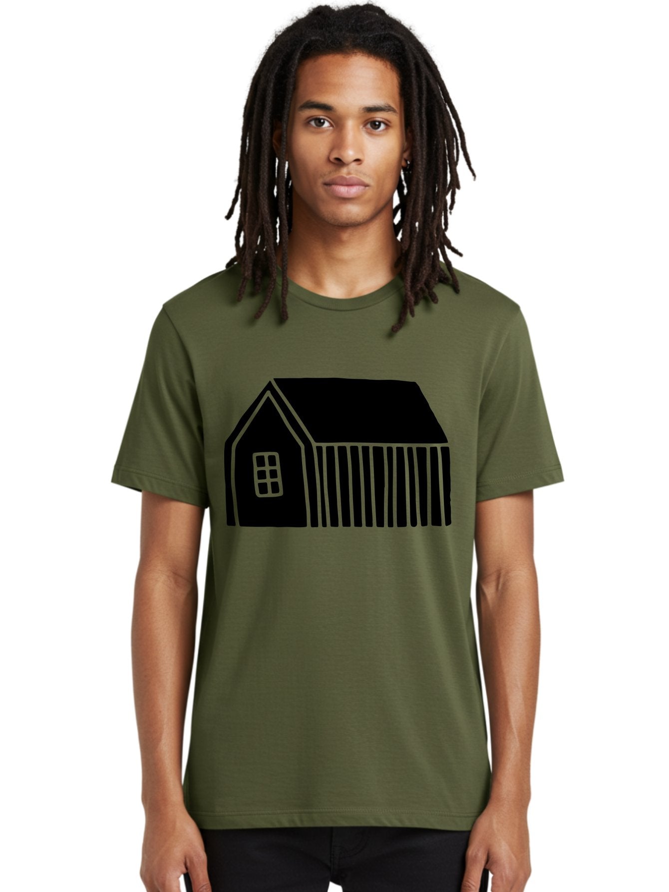 Barn Men'S Graphic Tee, 100% Cotton, Comfortable Casual Summer Wear, Machine Washable, Barn Illustration, Simple Design, Rural Architecture, Farm Building, Minimalist Art, Country Style, Black Silhouette, Green Outline -  Aaa580 30