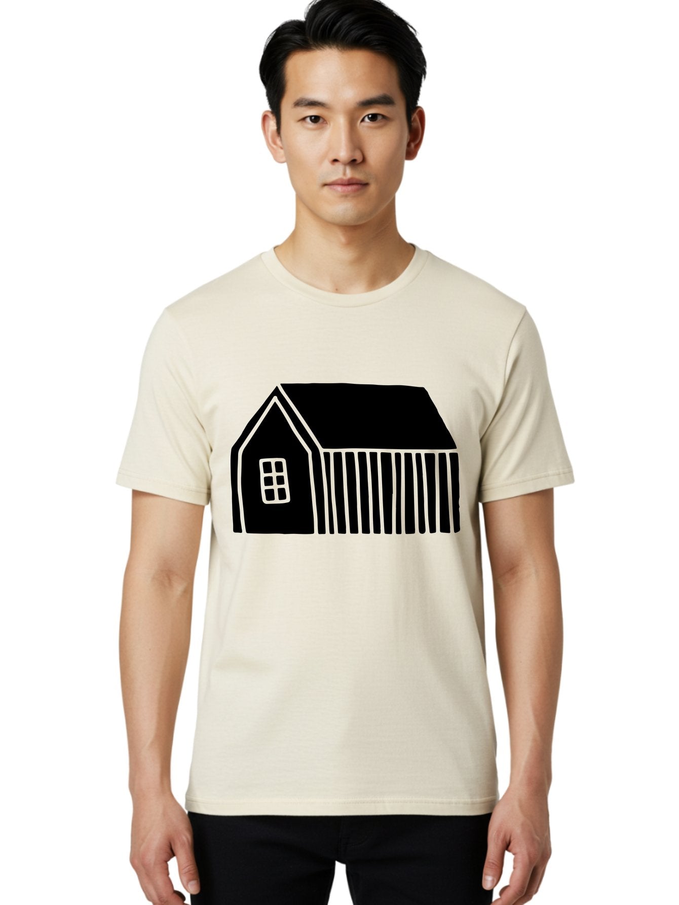 Barn Men'S Graphic Tee, 100% Cotton, Comfortable Casual Summer Wear, Machine Washable, Barn Illustration, Simple Design, Rural Architecture, Farm Building, Minimalist Art, Country Style, Black Silhouette, Green Outline -  Aaa580 12