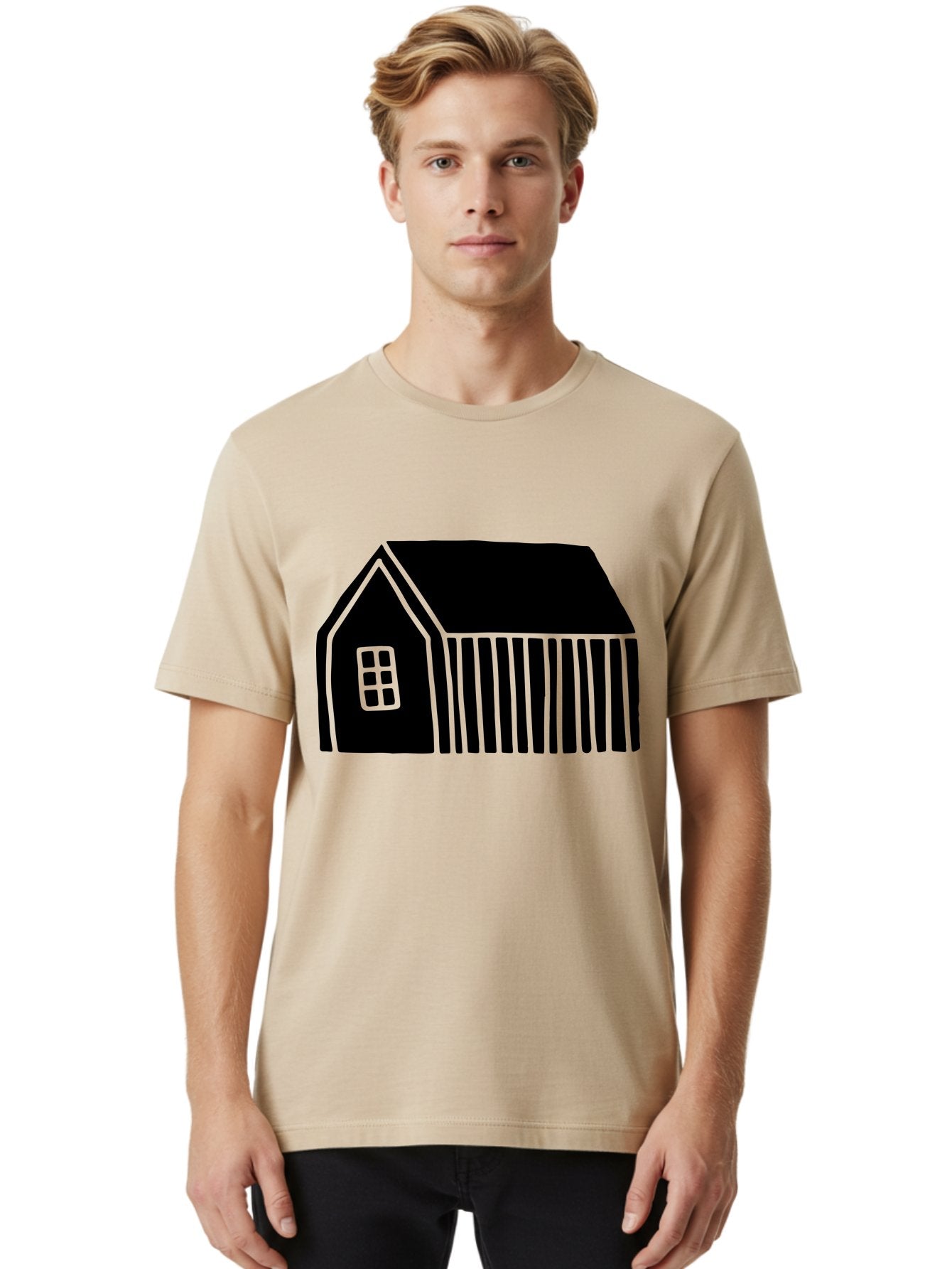 Barn Men'S Graphic Tee, 100% Cotton, Comfortable Casual Summer Wear, Machine Washable, Barn Illustration, Simple Design, Rural Architecture, Farm Building, Minimalist Art, Country Style, Black Silhouette, Green Outline -  Aaa580 8