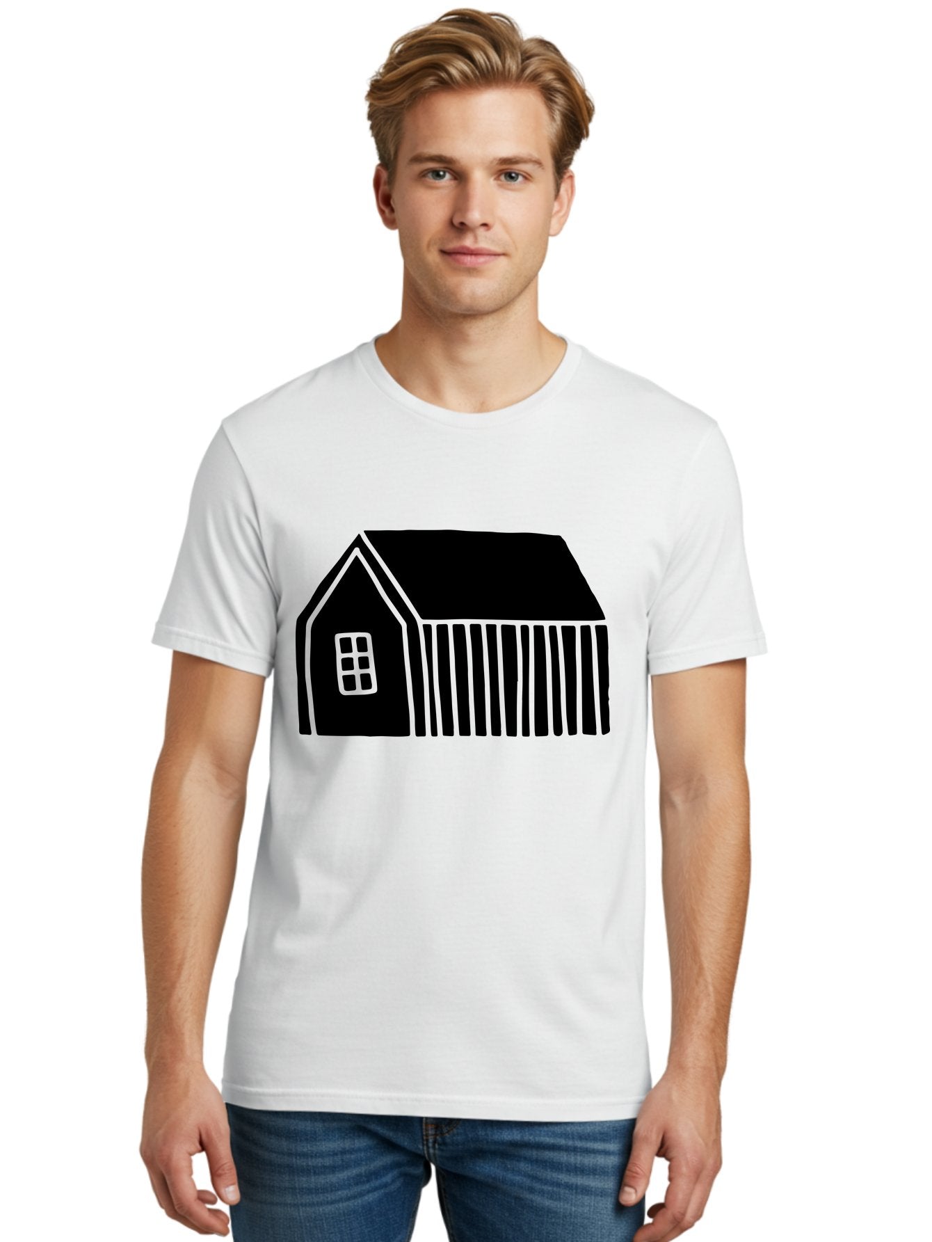 Barn Men'S Graphic Tee, 100% Cotton, Comfortable Casual Summer Wear, Machine Washable, Barn Illustration, Simple Design, Rural Architecture, Farm Building, Minimalist Art, Country Style, Black Silhouette, Green Outline -  Aaa580 28