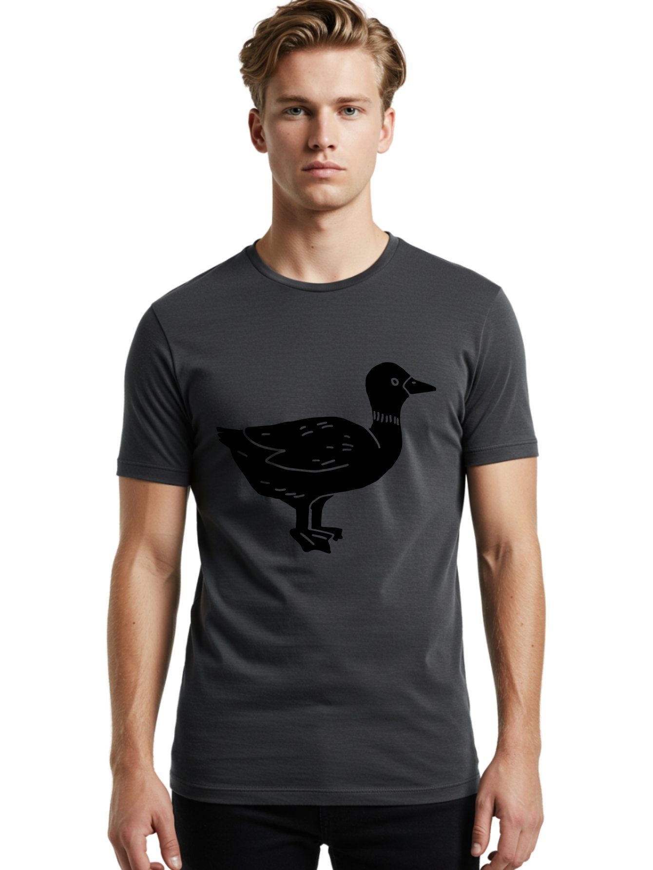 Duck Men'S Graphic Tee, 100% Cotton, Comfortable Casual Summer Wear, Machine Washable, Duck Silhouette, Minimalist Art, Simple Shapes, Bird Illustration, Wildlife Graphic, Vector Art, Black And Green, Modern Design -  Aaa588