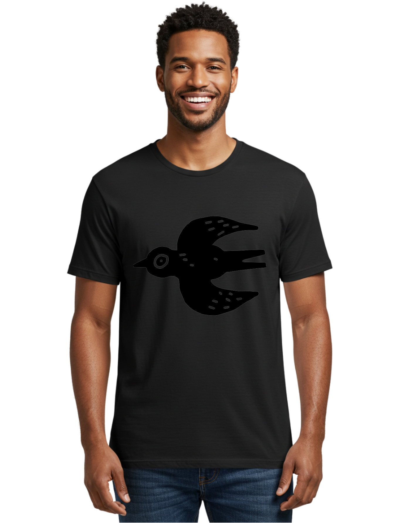 Flying-Bird Men'S Graphic Tee, 100% Cotton, Comfortable Casual Summer Wear, Machine Washable, Black Bird Silhouette, Bird In Flight, Simple Design, Graphic Illustration, Minimalist Art, Wildlife Symbol, Flying Bird, Abstract Shape, -  Aaa591
