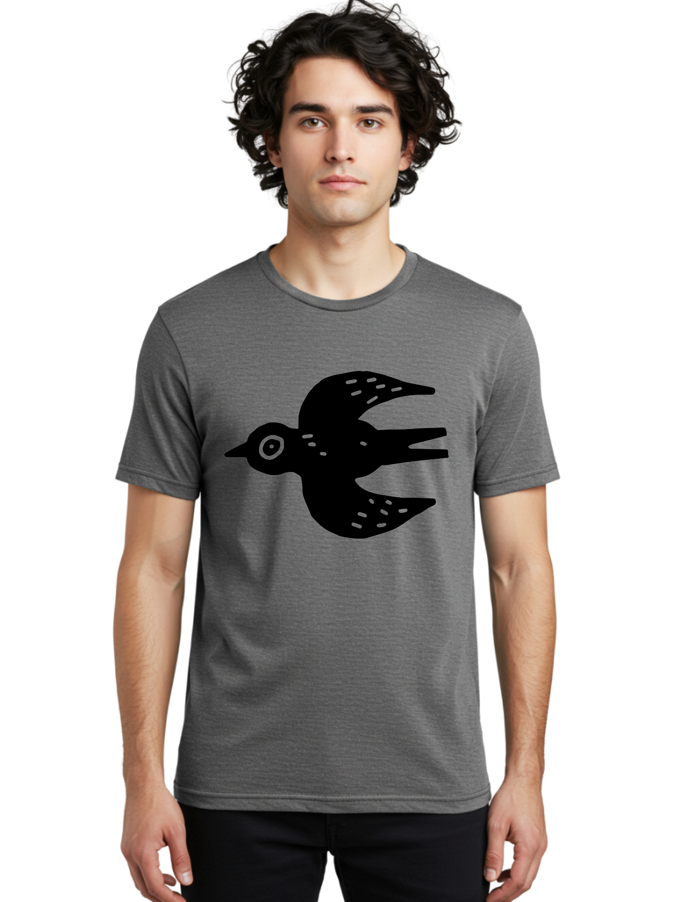 Flying-Bird Men'S Graphic Tee, 100% Cotton, Comfortable Casual Summer Wear, Machine Washable, Black Bird Silhouette, Bird In Flight, Simple Design, Graphic Illustration, Minimalist Art, Wildlife Symbol, Flying Bird, Abstract Shape, -  Aaa591