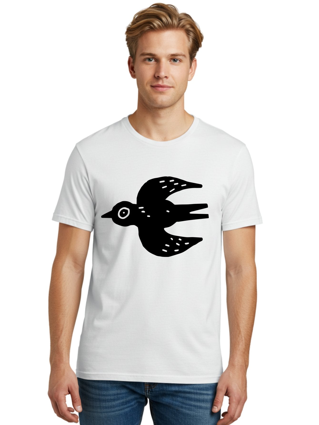 Flying-Bird Men'S Graphic Tee, 100% Cotton, Comfortable Casual Summer Wear, Machine Washable, Black Bird Silhouette, Bird In Flight, Simple Design, Graphic Illustration, Minimalist Art, Wildlife Symbol, Flying Bird, Abstract Shape, -  Aaa591 18