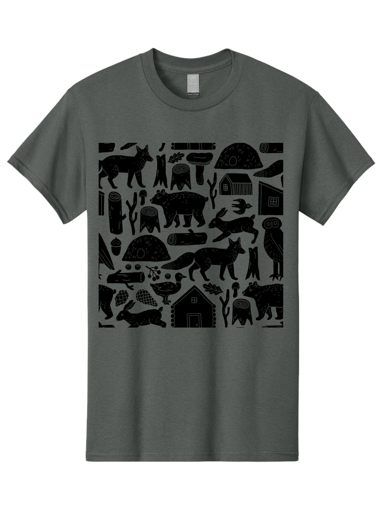 Forest-Animals-Pattern Men'S Graphic Tee, 100% Cotton, Comfortable Casual Summer Wear, Machine Washable, Woodland Animals, Forest Wildlife, Rustic Houses, Trees, Birds, Wildlife Art, Woodsy Landscape, Nature Illustrations, Forest Patterns, -  Aaa592 25