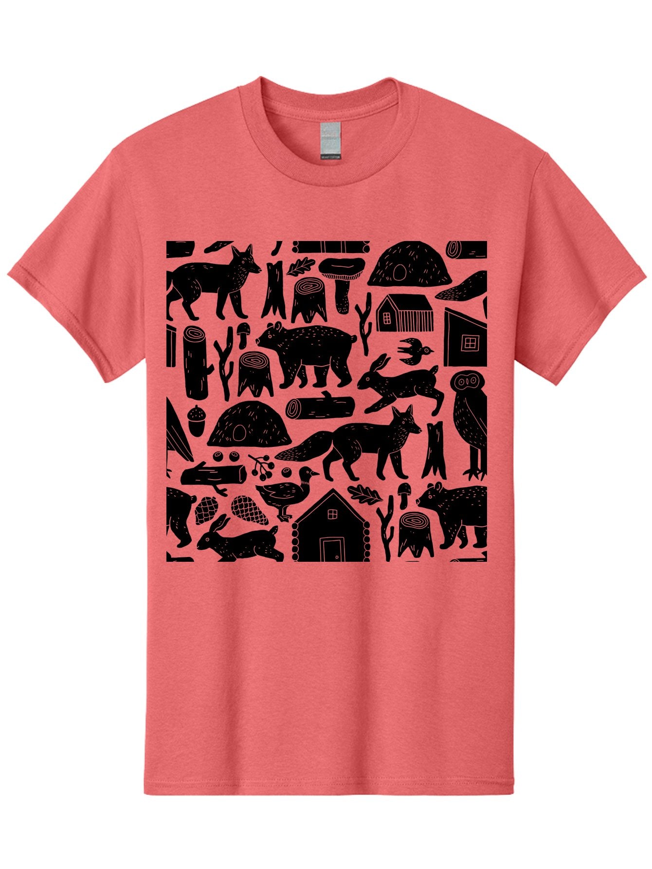 Forest-Animals-Pattern Men'S Graphic Tee, 100% Cotton, Comfortable Casual Summer Wear, Machine Washable, Woodland Animals, Forest Wildlife, Rustic Houses, Trees, Birds, Wildlife Art, Woodsy Landscape, Nature Illustrations, Forest Patterns, -  Aaa592 17