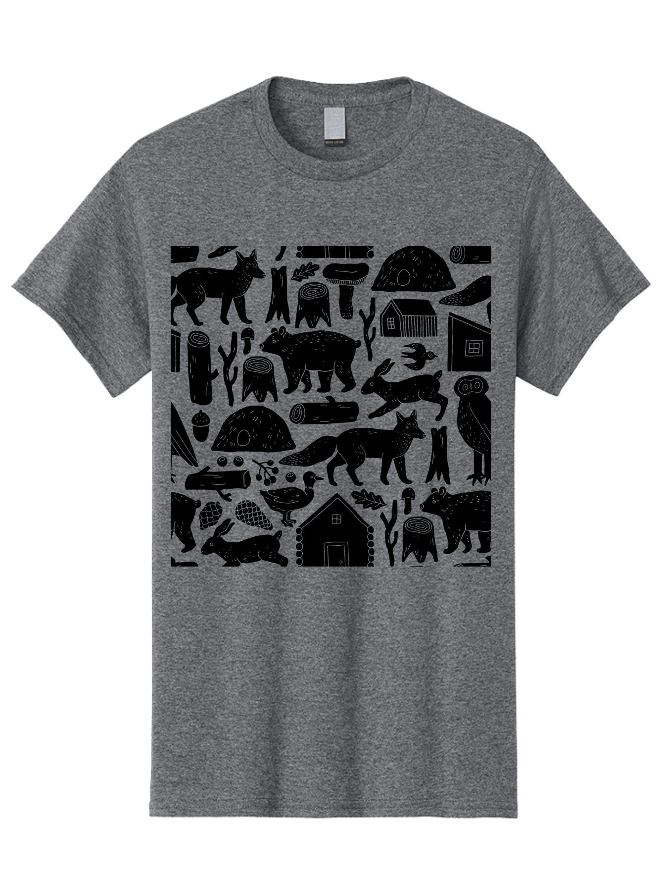 Forest-Animals-Pattern Men'S Graphic Tee, 100% Cotton, Comfortable Casual Summer Wear, Machine Washable, Woodland Animals, Forest Wildlife, Rustic Houses, Trees, Birds, Wildlife Art, Woodsy Landscape, Nature Illustrations, Forest Patterns, -  Aaa592 13