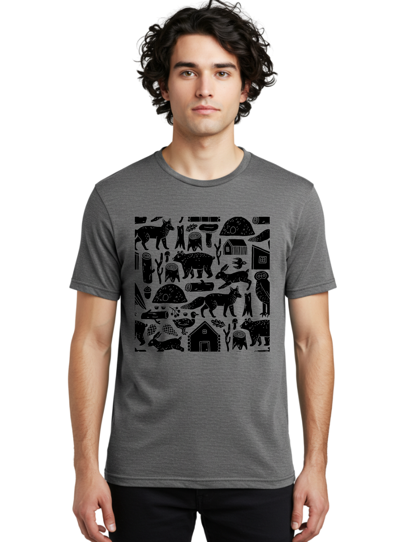 Forest-Animals-Pattern Men'S Graphic Tee, 100% Cotton, Comfortable Casual Summer Wear, Machine Washable, Woodland Animals, Forest Wildlife, Rustic Houses, Trees, Birds, Wildlife Art, Woodsy Landscape, Nature Illustrations, Forest Patterns, -  Aaa592 8