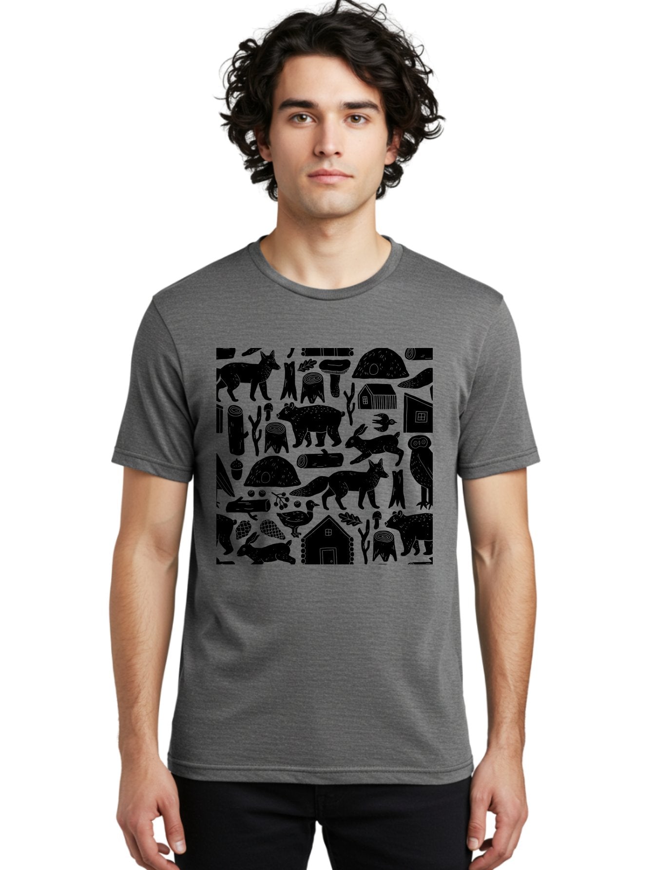 Forest-Animals-Pattern Men'S Graphic Tee, 100% Cotton, Comfortable Casual Summer Wear, Machine Washable, Woodland Animals, Forest Wildlife, Rustic Houses, Trees, Birds, Wildlife Art, Woodsy Landscape, Nature Illustrations, Forest Patterns, -  Aaa592 14