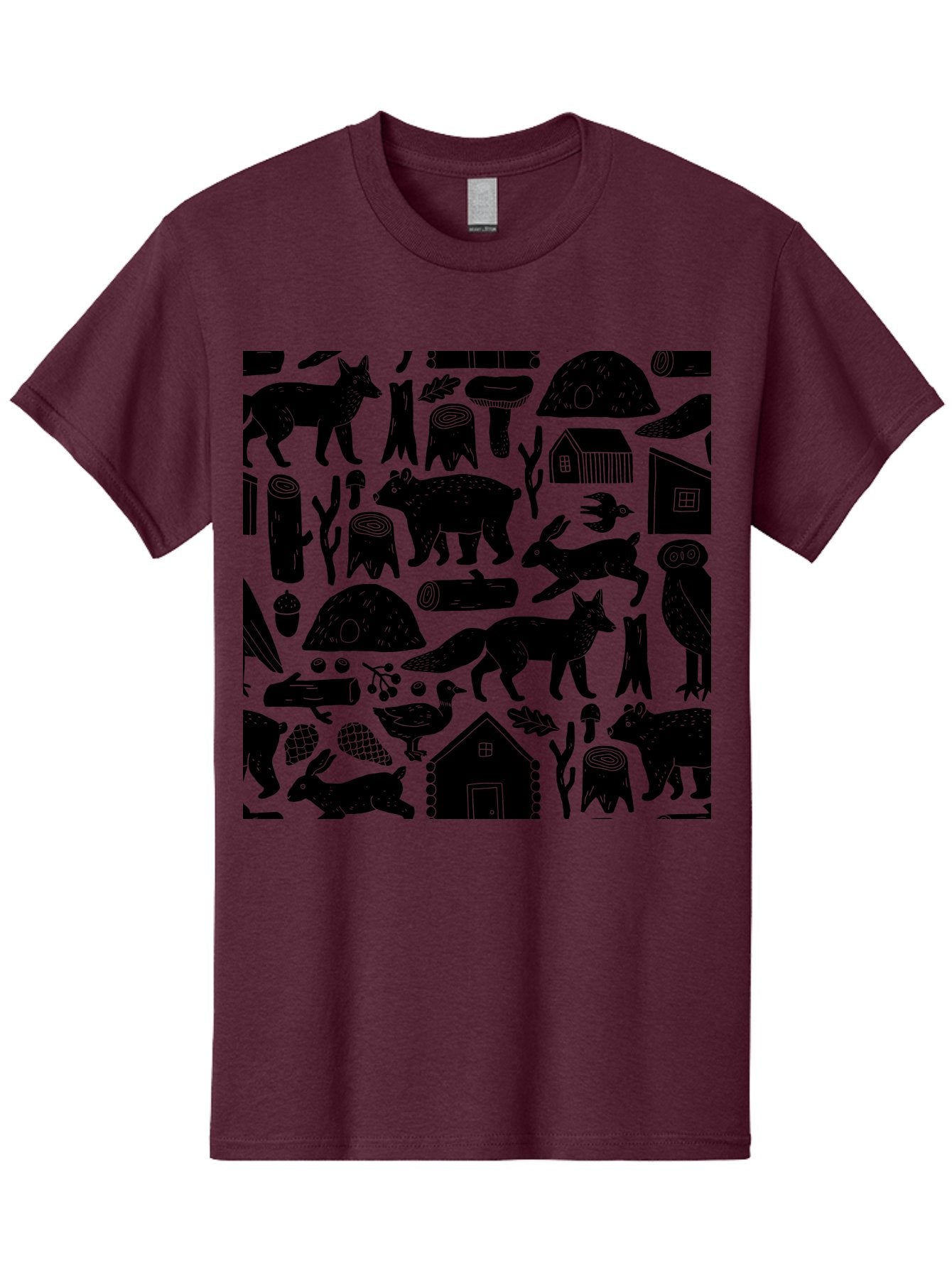 Forest-Animals-Pattern Men'S Graphic Tee, 100% Cotton, Comfortable Casual Summer Wear, Machine Washable, Woodland Animals, Forest Wildlife, Rustic Houses, Trees, Birds, Wildlife Art, Woodsy Landscape, Nature Illustrations, Forest Patterns, -  Aaa592 15