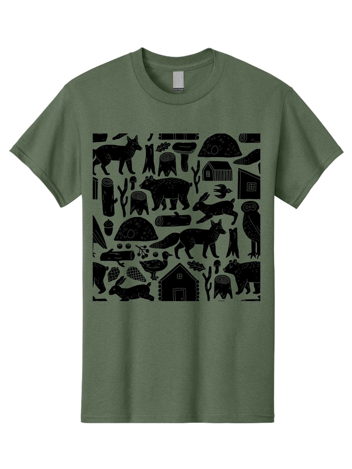 Forest-Animals-Pattern Men'S Graphic Tee, 100% Cotton, Comfortable Casual Summer Wear, Machine Washable, Woodland Animals, Forest Wildlife, Rustic Houses, Trees, Birds, Wildlife Art, Woodsy Landscape, Nature Illustrations, Forest Patterns, -  Aaa592 9
