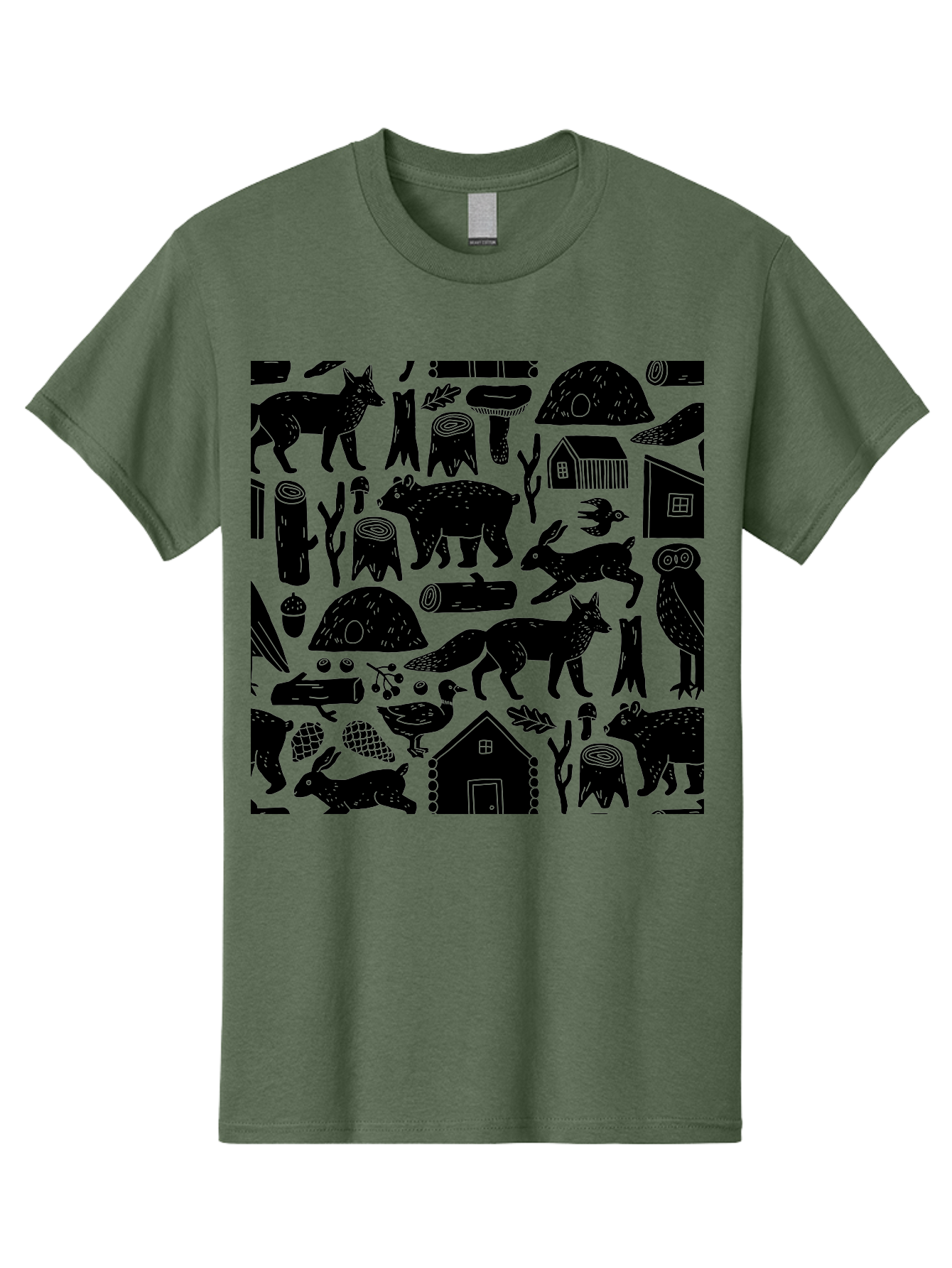 Forest-Animals-Pattern Men'S Graphic Tee, 100% Cotton, Comfortable Casual Summer Wear, Machine Washable, Woodland Animals, Forest Wildlife, Rustic Houses, Trees, Birds, Wildlife Art, Woodsy Landscape, Nature Illustrations, Forest Patterns, -  Aaa592 25