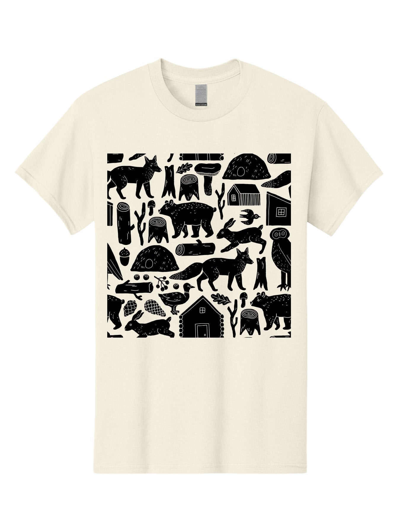 Forest-Animals-Pattern Men'S Graphic Tee, 100% Cotton, Comfortable Casual Summer Wear, Machine Washable, Woodland Animals, Forest Wildlife, Rustic Houses, Trees, Birds, Wildlife Art, Woodsy Landscape, Nature Illustrations, Forest Patterns, -  Aaa592 3